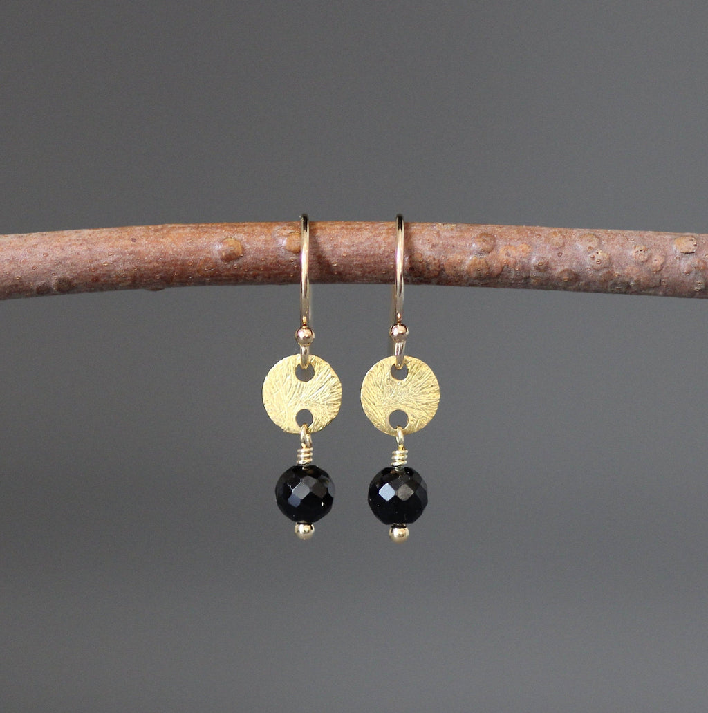 Black Spinel and Brushed Gold Vermeil Disc Dangle Earrings