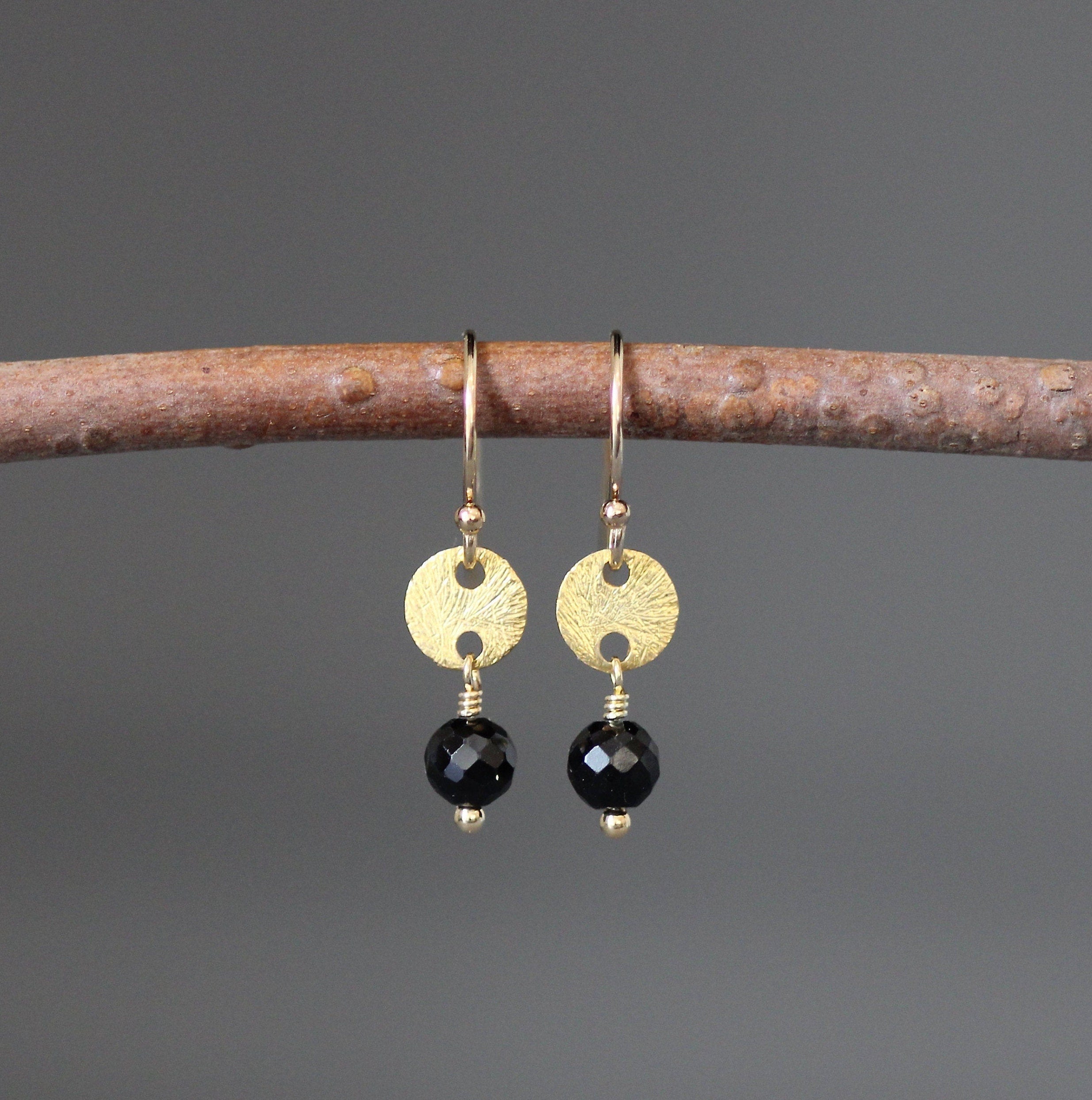 Black Spinel and Brushed Gold Vermeil Disc Dangle Earrings