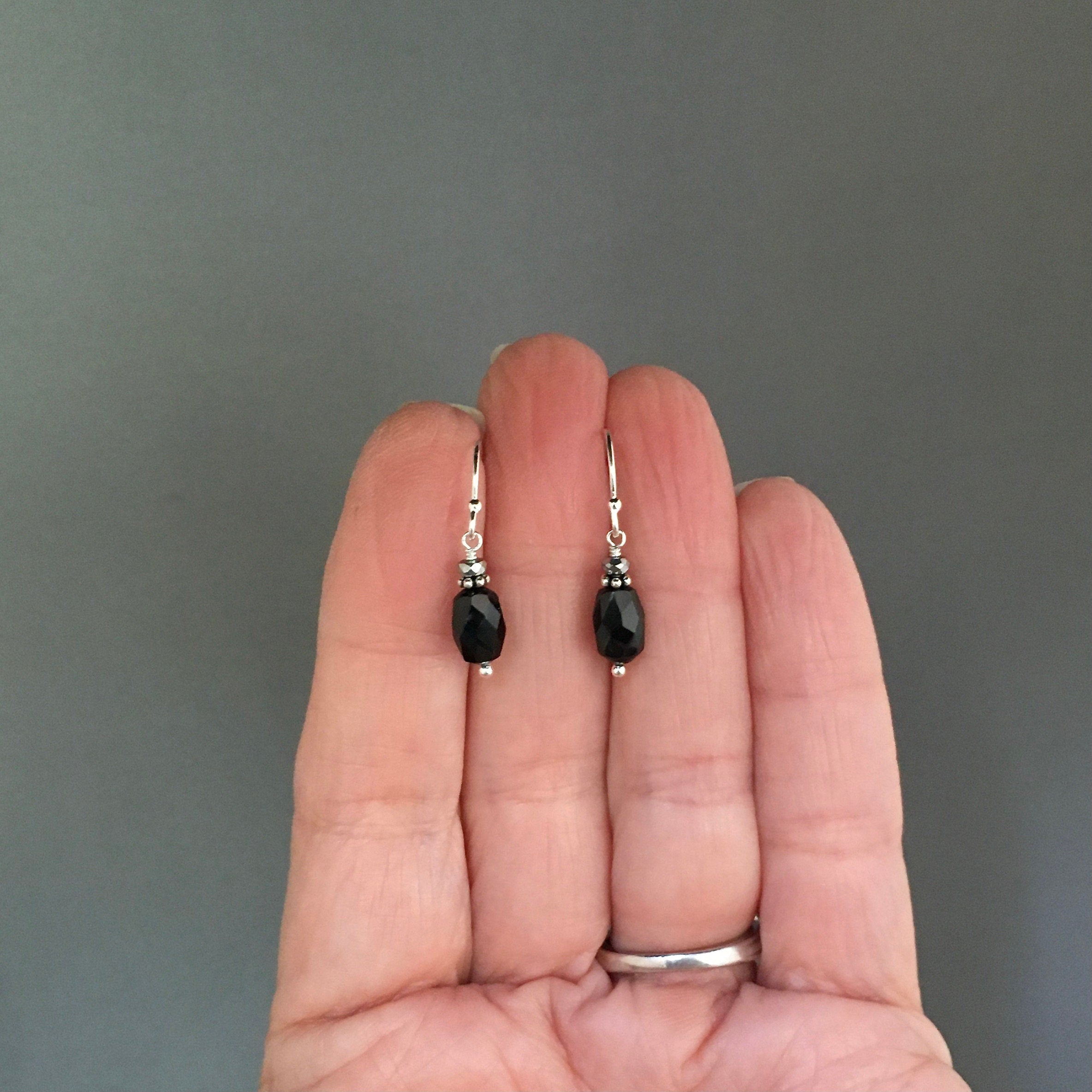 Black Garnet and Hematite Sterling Silver Dangle Earrings