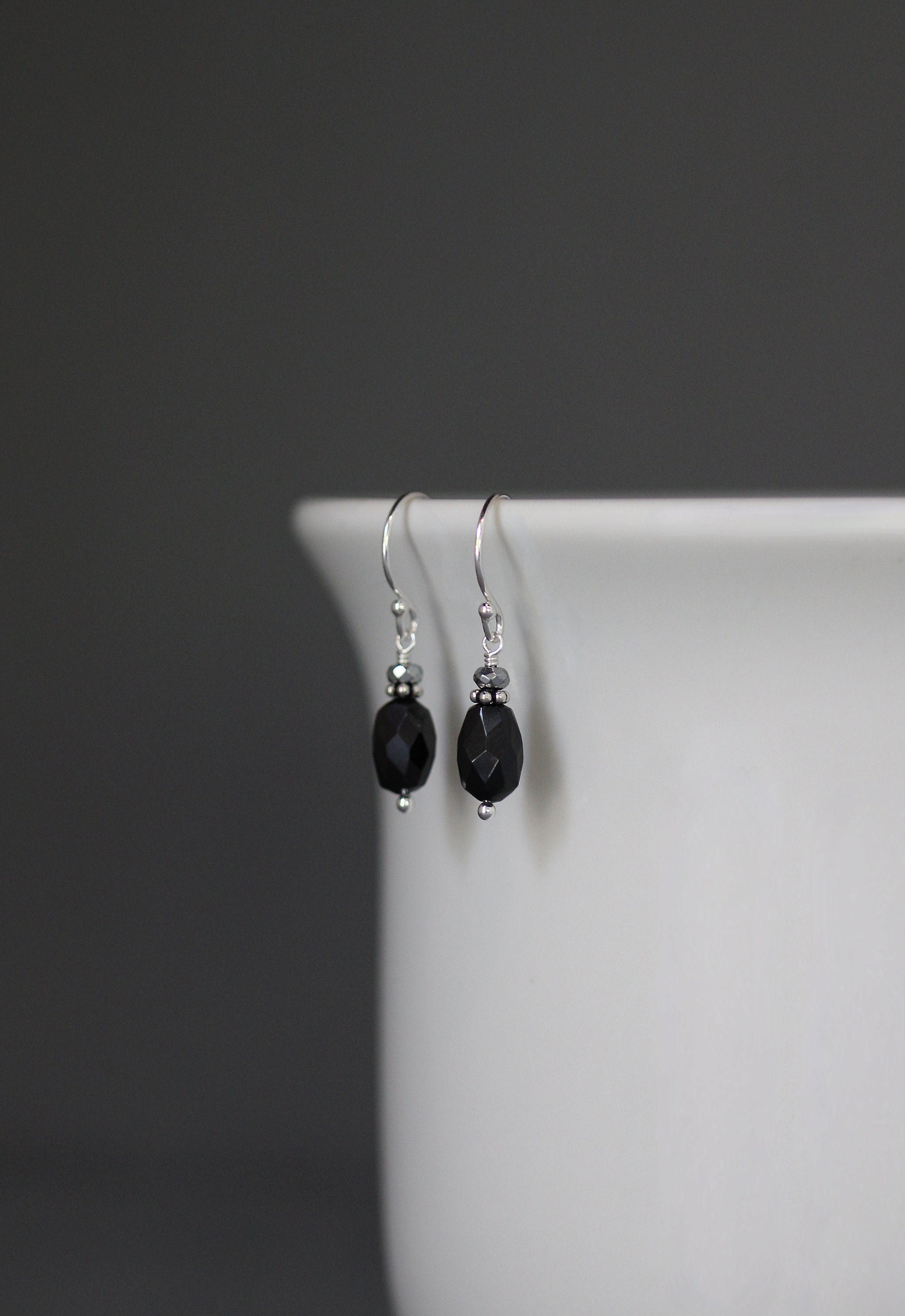 Black Garnet and Hematite Sterling Silver Dangle Earrings