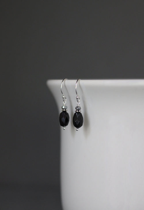Black Garnet and Hematite Sterling Silver Dangle Earrings