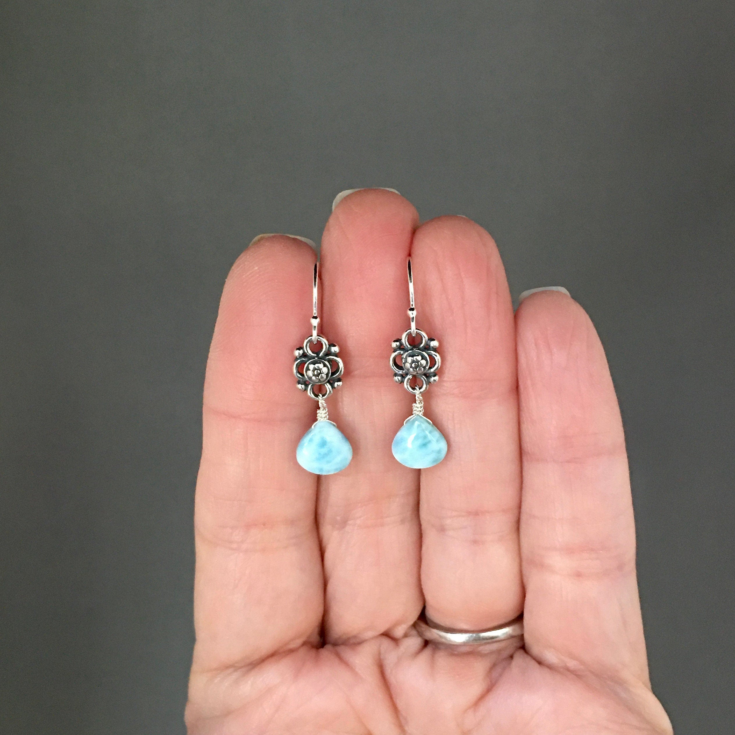 Larimar Teardrop and Bali Sterling Silver Flower Link Dangle Earrings