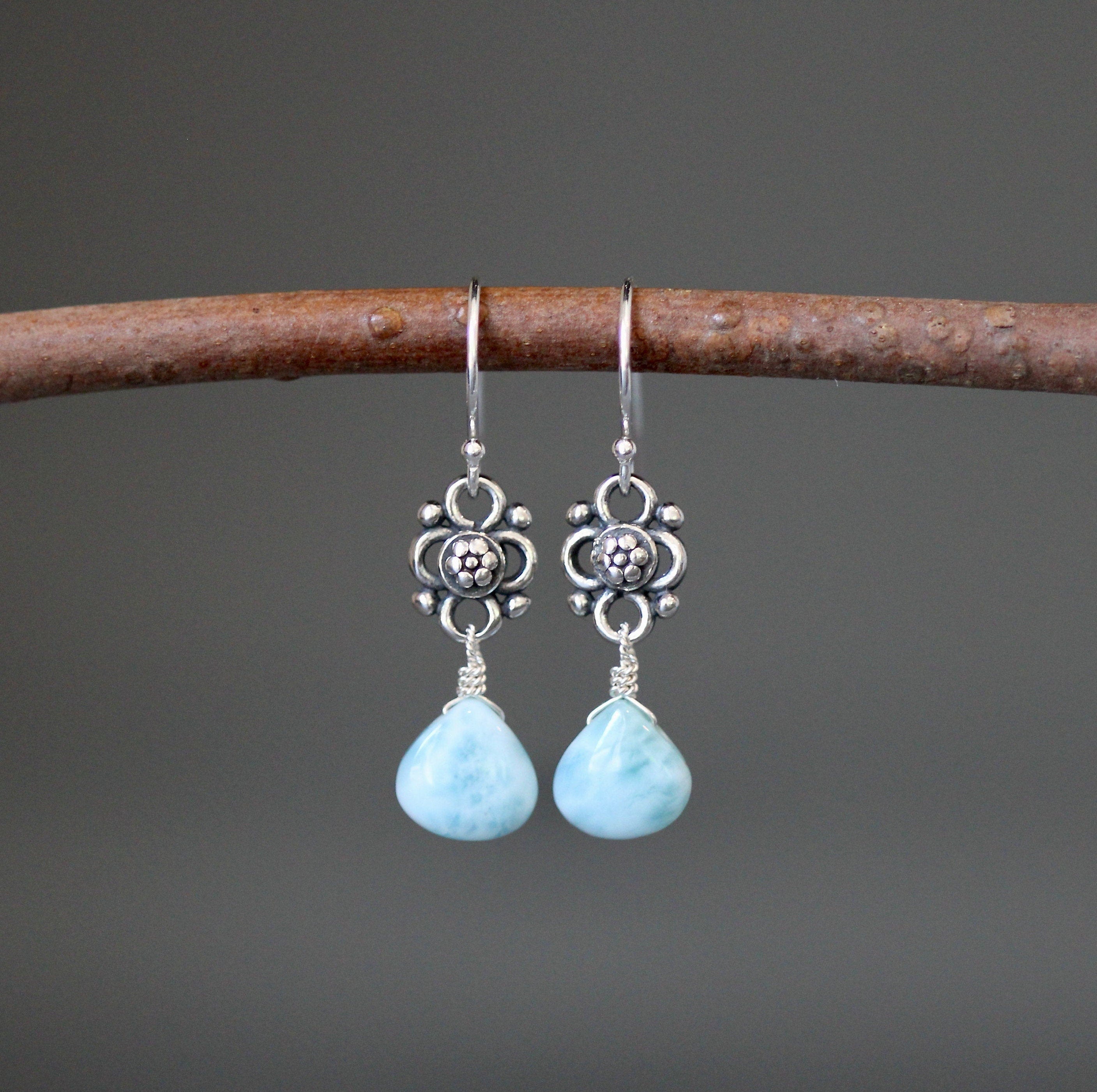 Larimar Teardrop and Bali Sterling Silver Flower Link Dangle Earrings