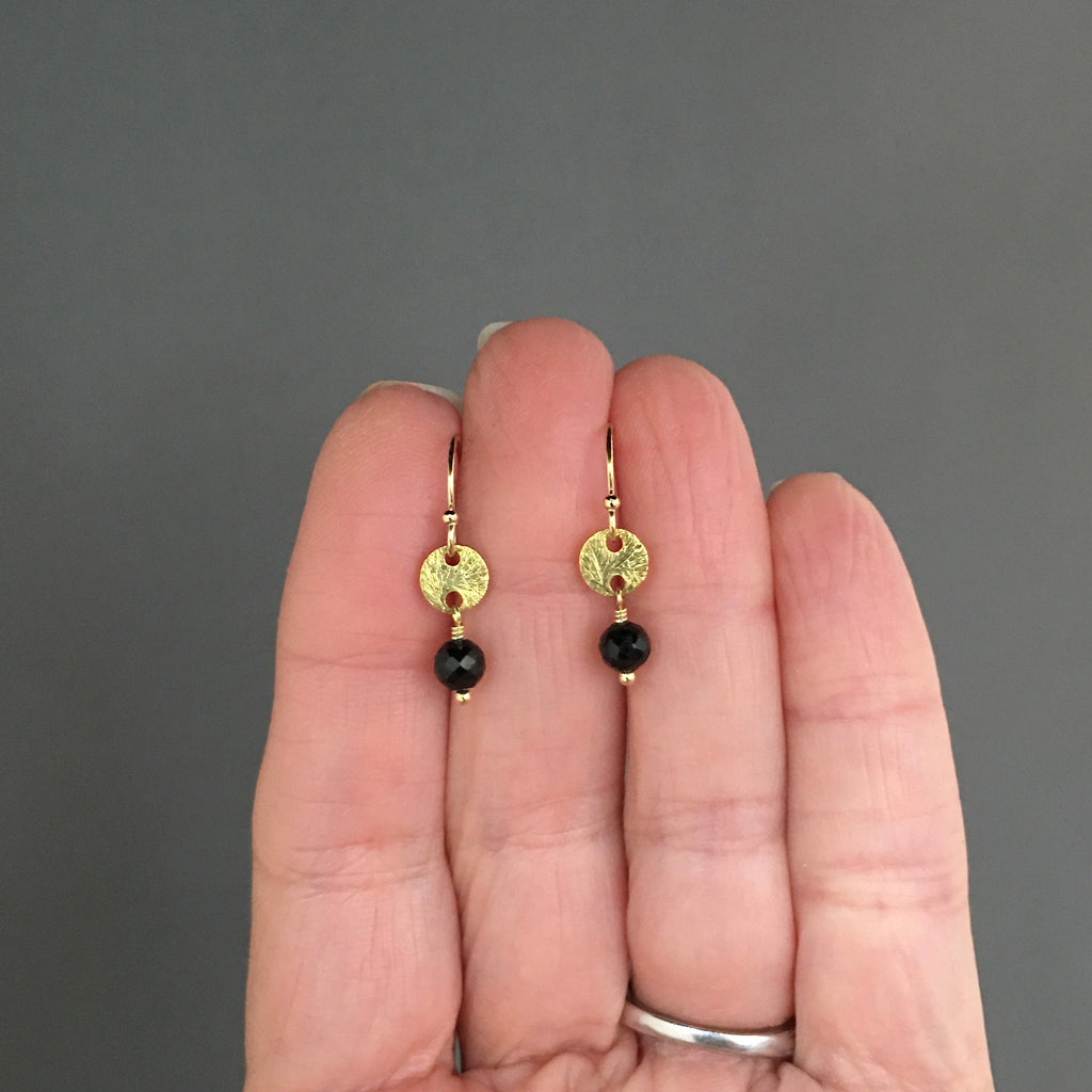 Black Spinel and Brushed Gold Vermeil Disc Dangle Earrings