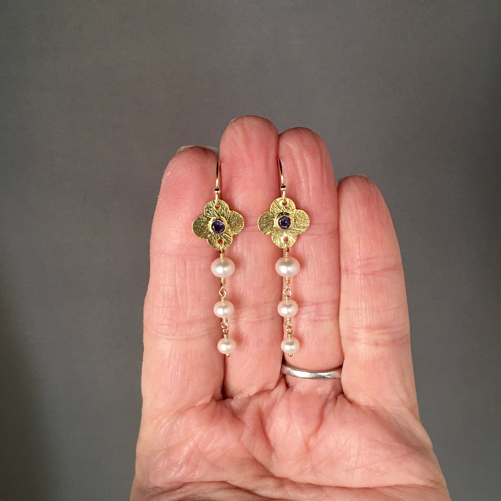 Blue Iolite and Freshwater Pearl Gold Vermeil Flower Earrings