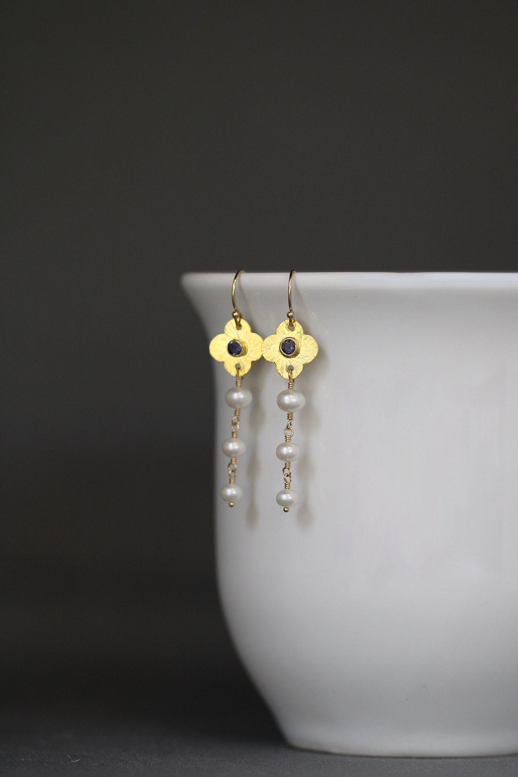Blue Iolite and Freshwater Pearl Gold Vermeil Flower Earrings