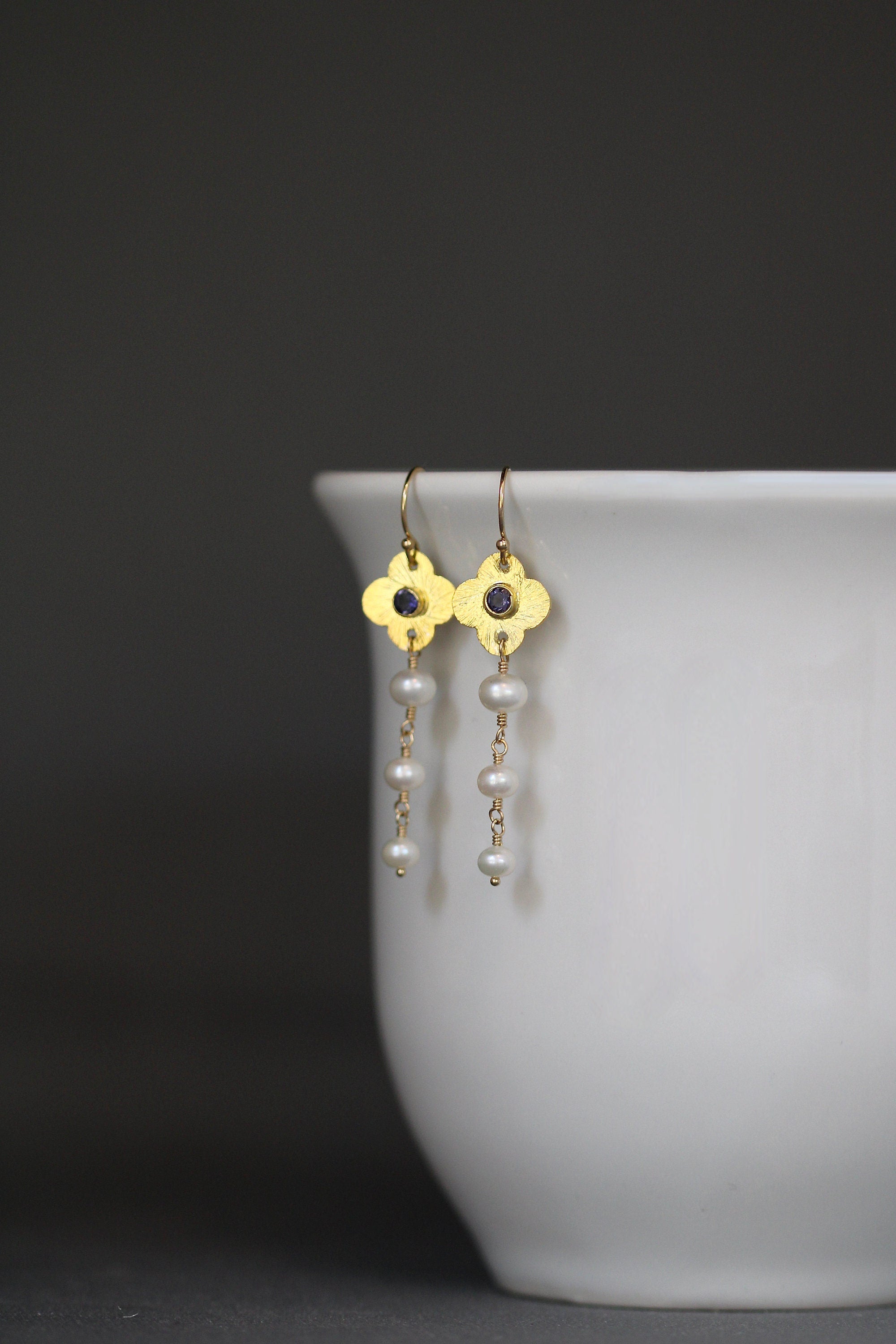 Blue Iolite and Freshwater Pearl Gold Vermeil Flower Earrings