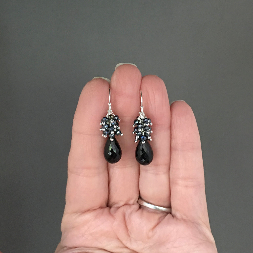 Black Tourmaline and Black Spinel Cluster Dangle Earrings in Sterling Silver