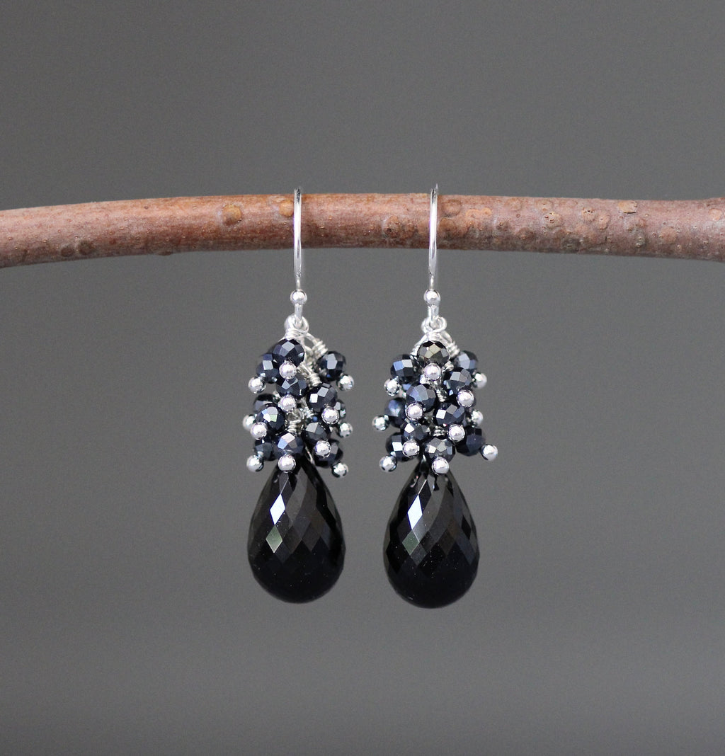 Black Tourmaline and Black Spinel Cluster Dangle Earrings in Sterling Silver