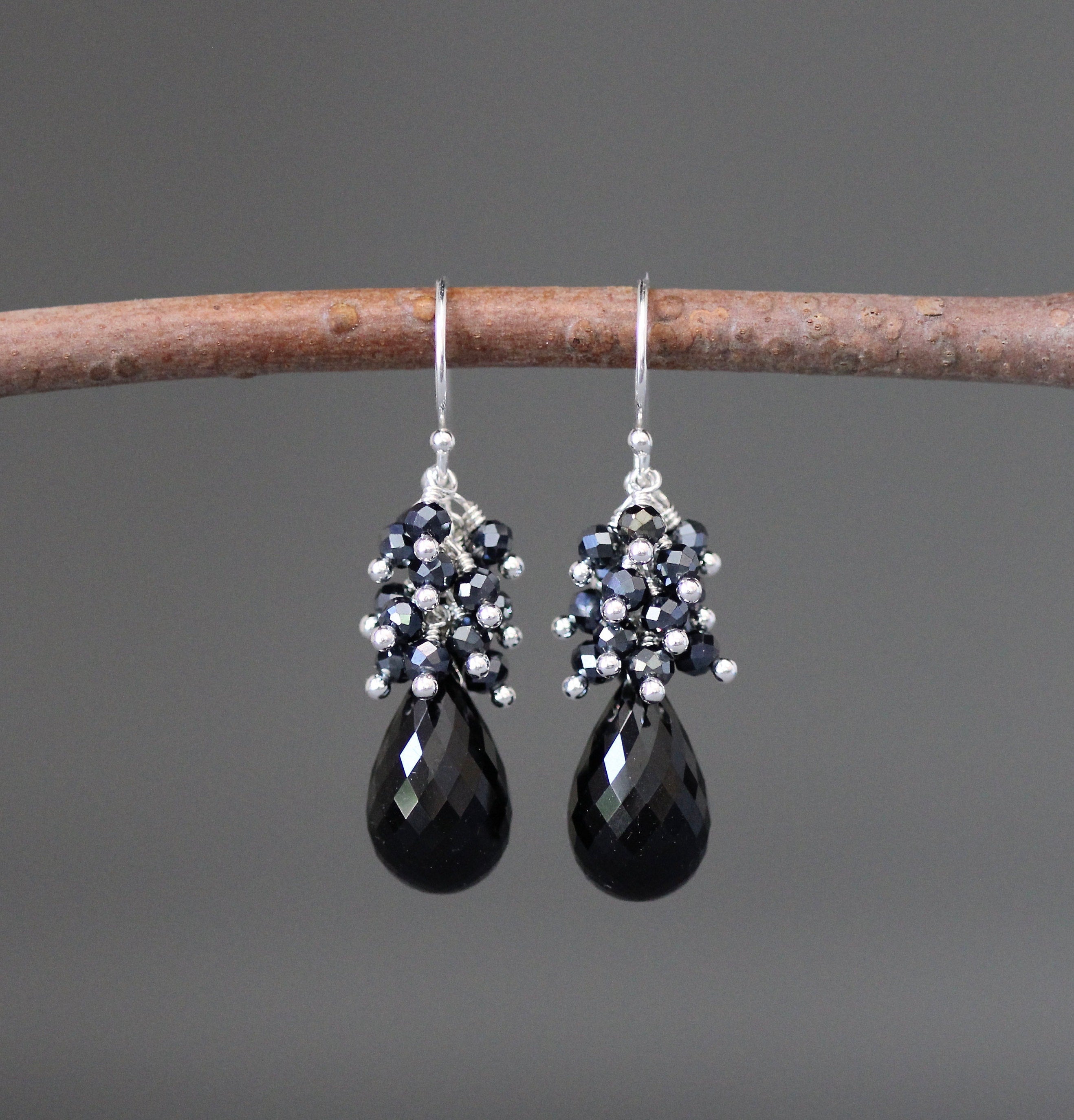 Black Tourmaline and Black Spinel Cluster Dangle Earrings in Sterling Silver