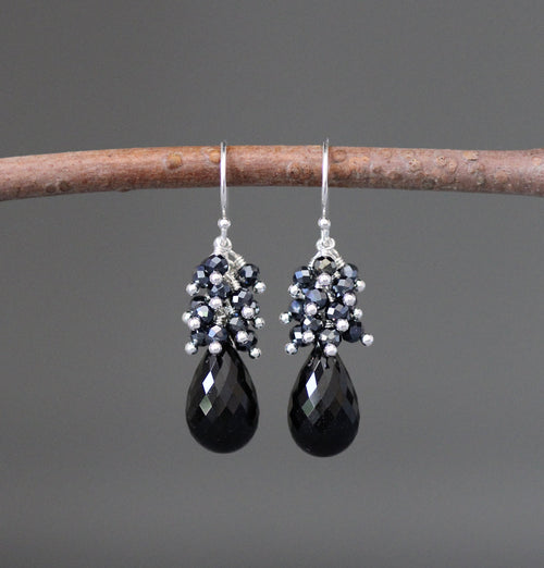 Black Tourmaline and Black Spinel Cluster Dangle Earrings in Sterling Silver