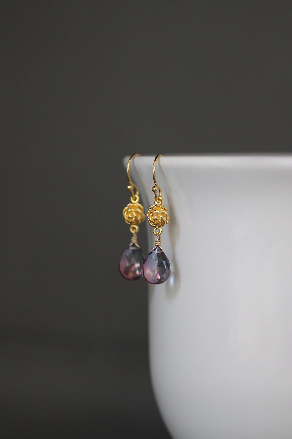 Mystic Quartz Crystal Teardrop Earrings on Gold Vermeil Flower Links