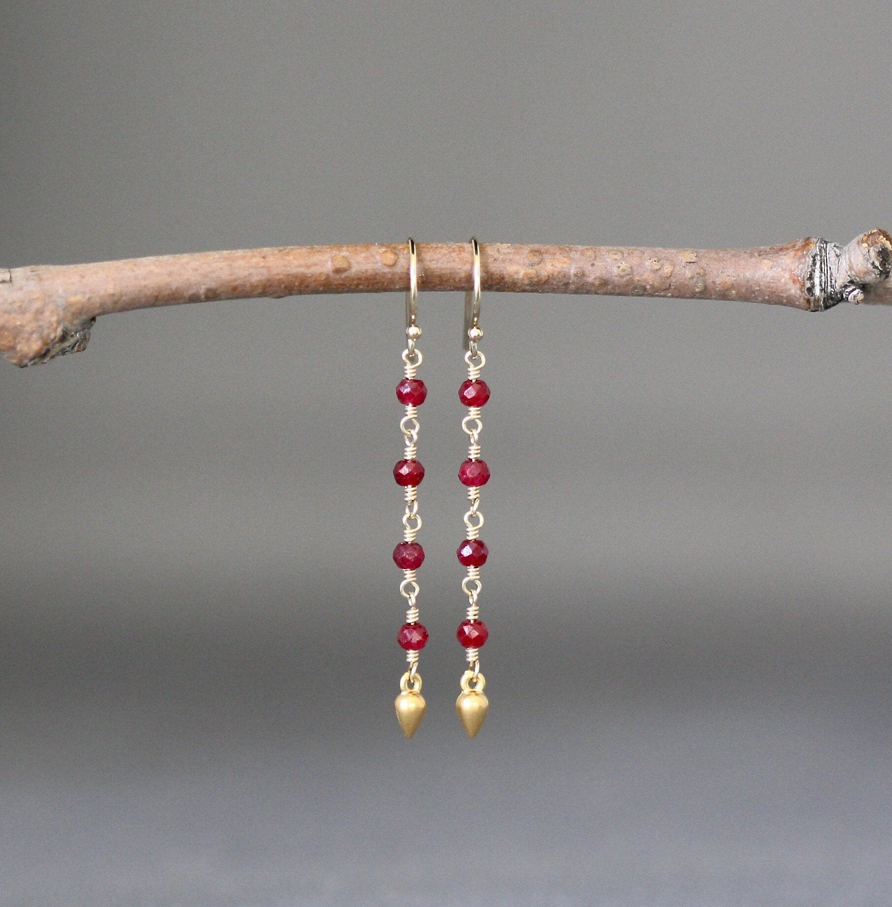 Ruby and Gold Filled Long Dangle Earrings with Matte Gold Vermeil Teardrop