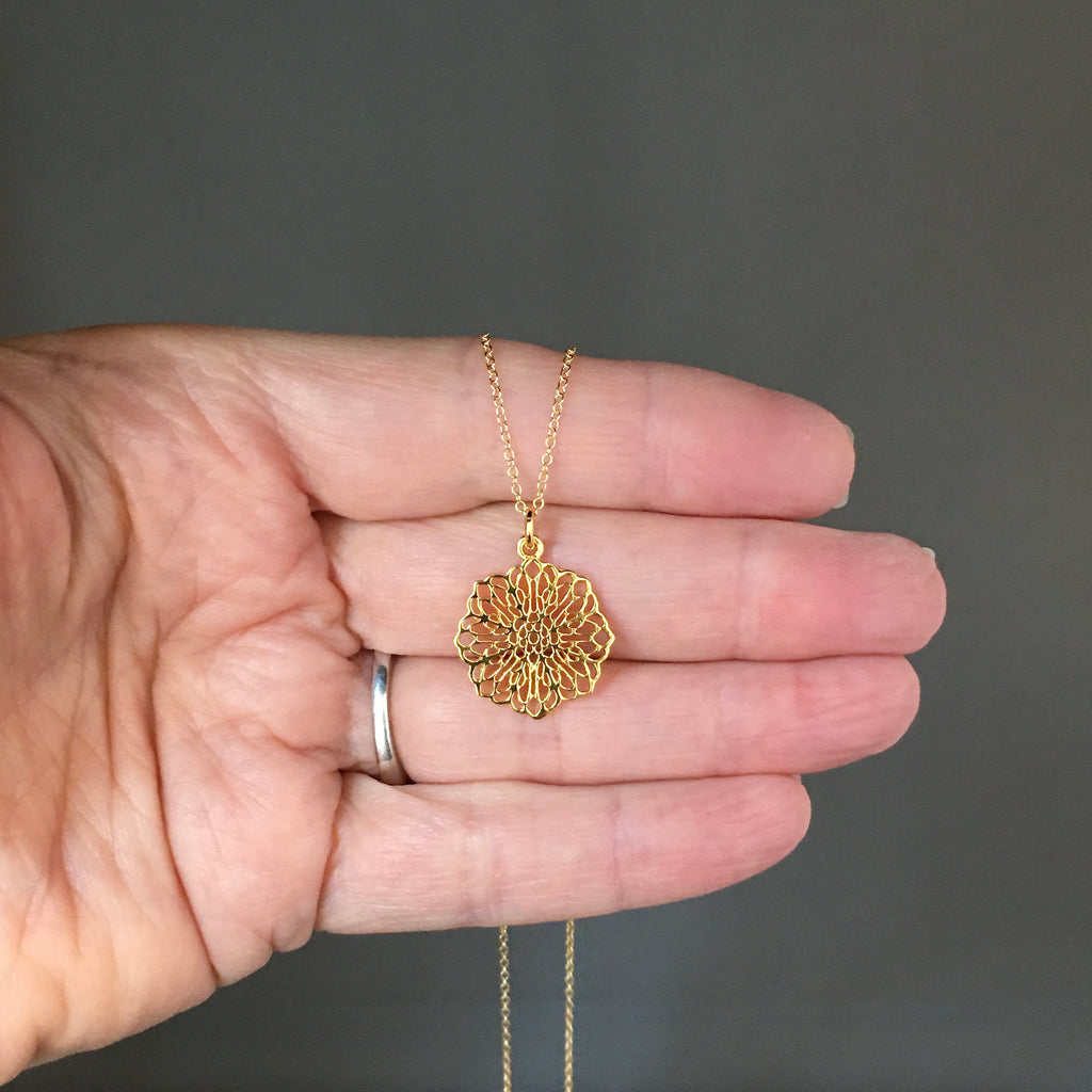 Gold Vermeil Filigree Flower Pendant Necklace on Gold Filled Chain