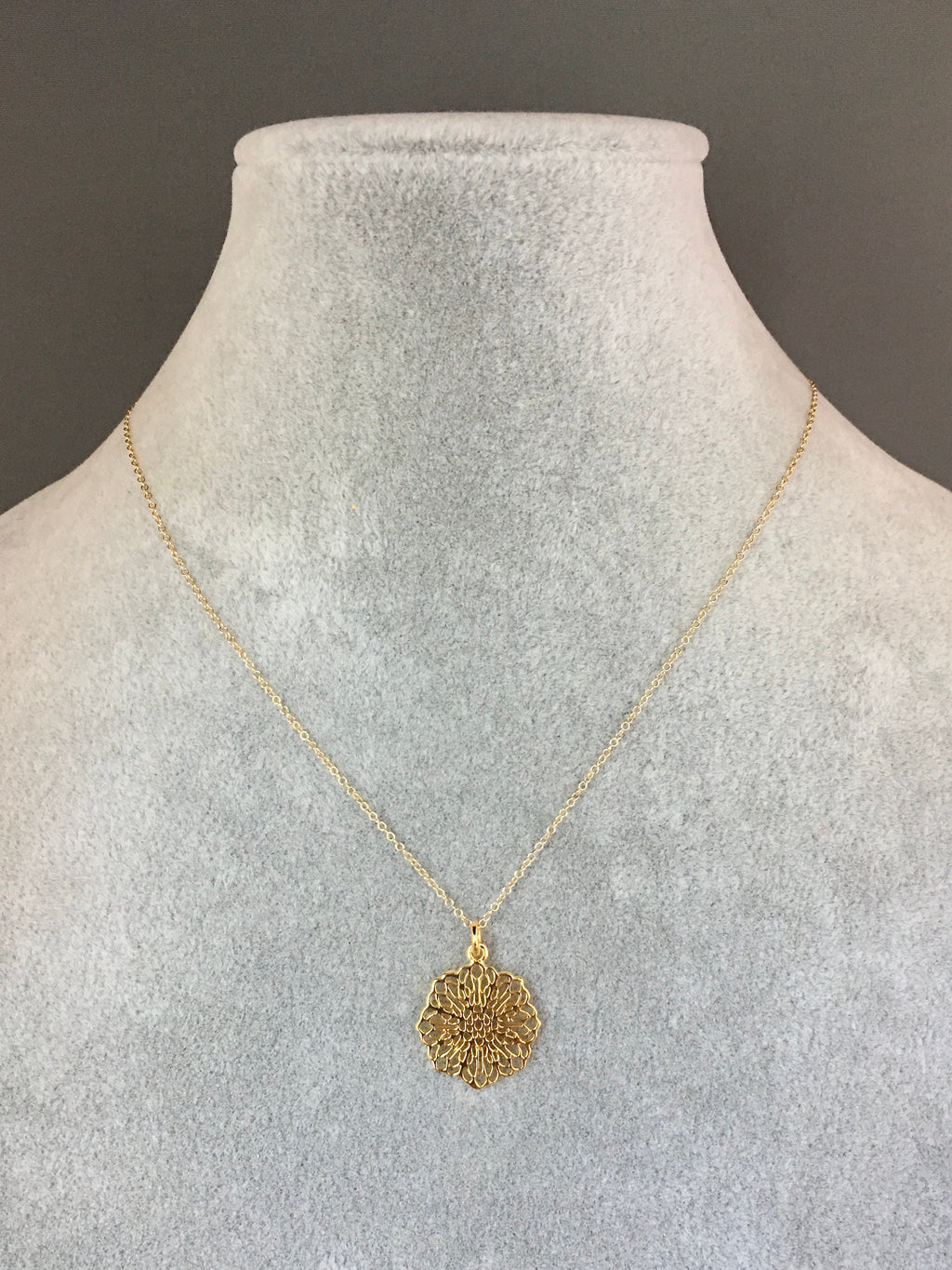 Gold Vermeil Filigree Flower Pendant Necklace on Gold Filled Chain