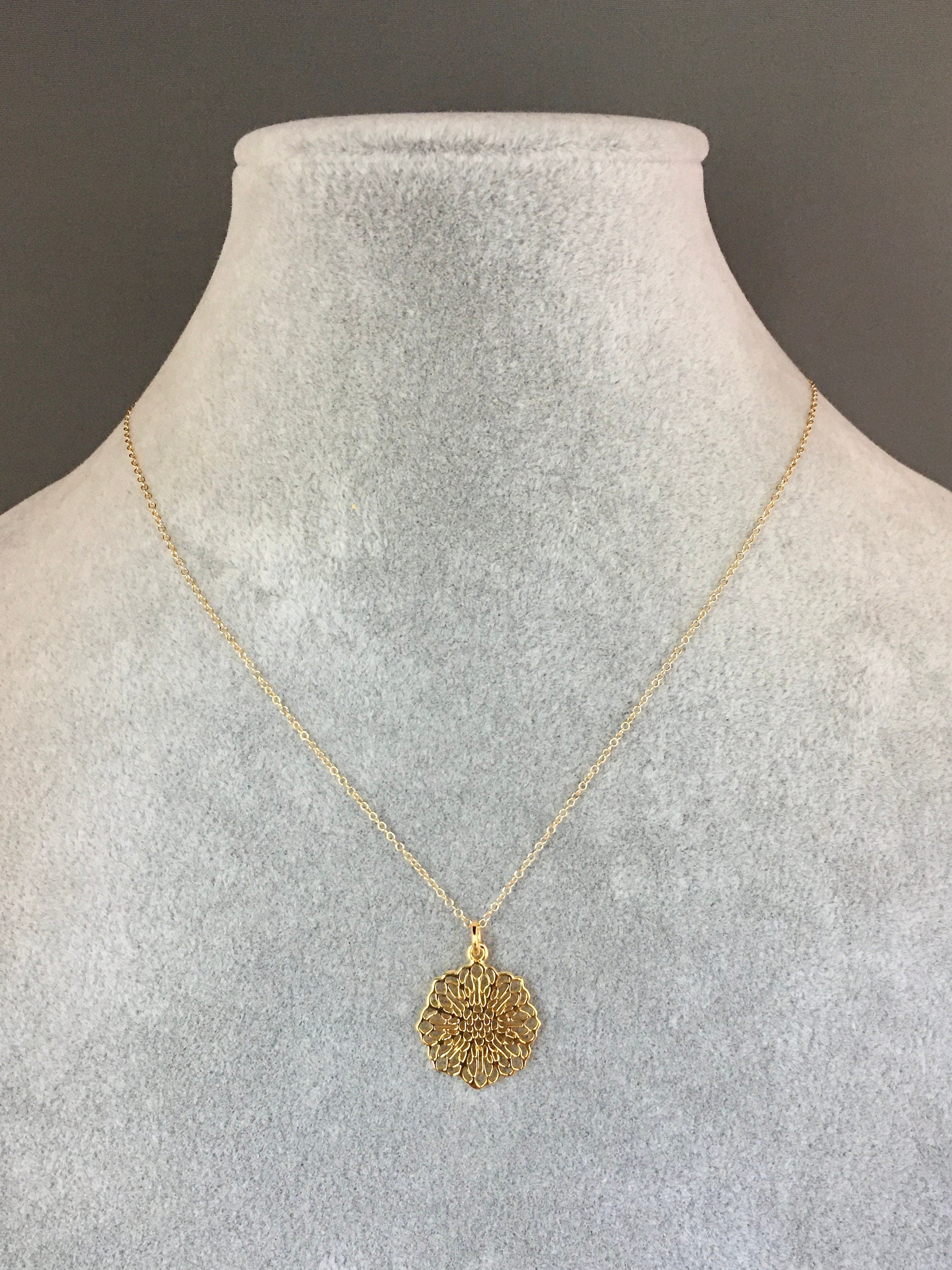Gold Vermeil Filigree Flower Pendant Necklace on Gold Filled Chain