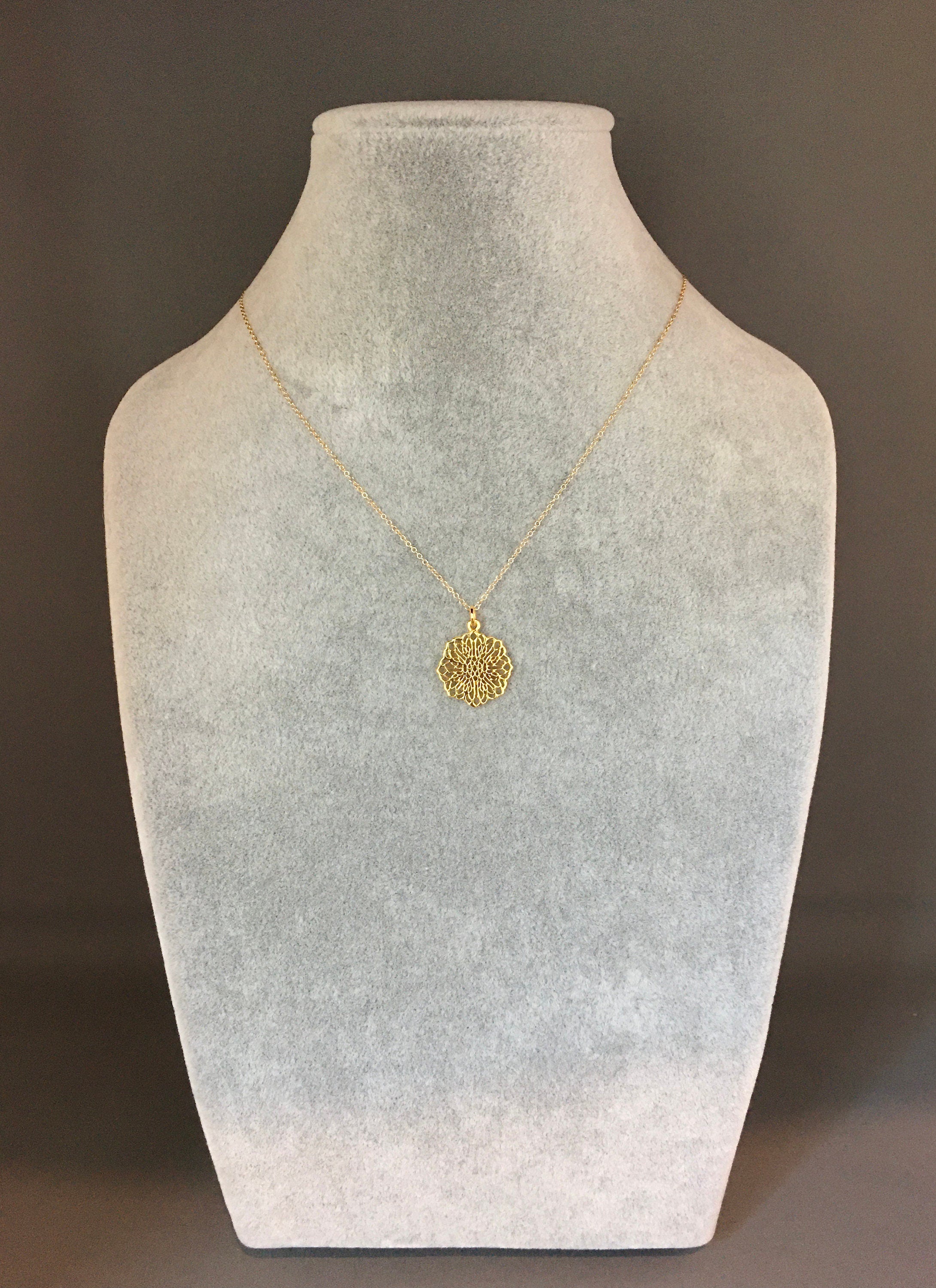 Gold Vermeil Filigree Flower Pendant Necklace on Gold Filled Chain