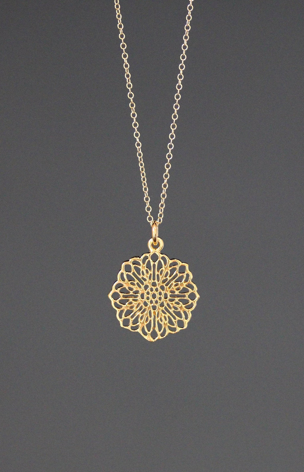 Gold Vermeil Filigree Flower Pendant Necklace on Gold Filled Chain