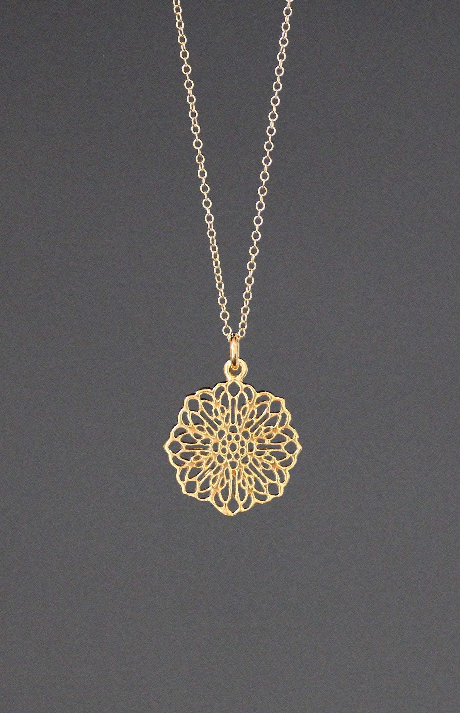 Gold Vermeil Filigree Flower Pendant Necklace on Gold Filled Chain