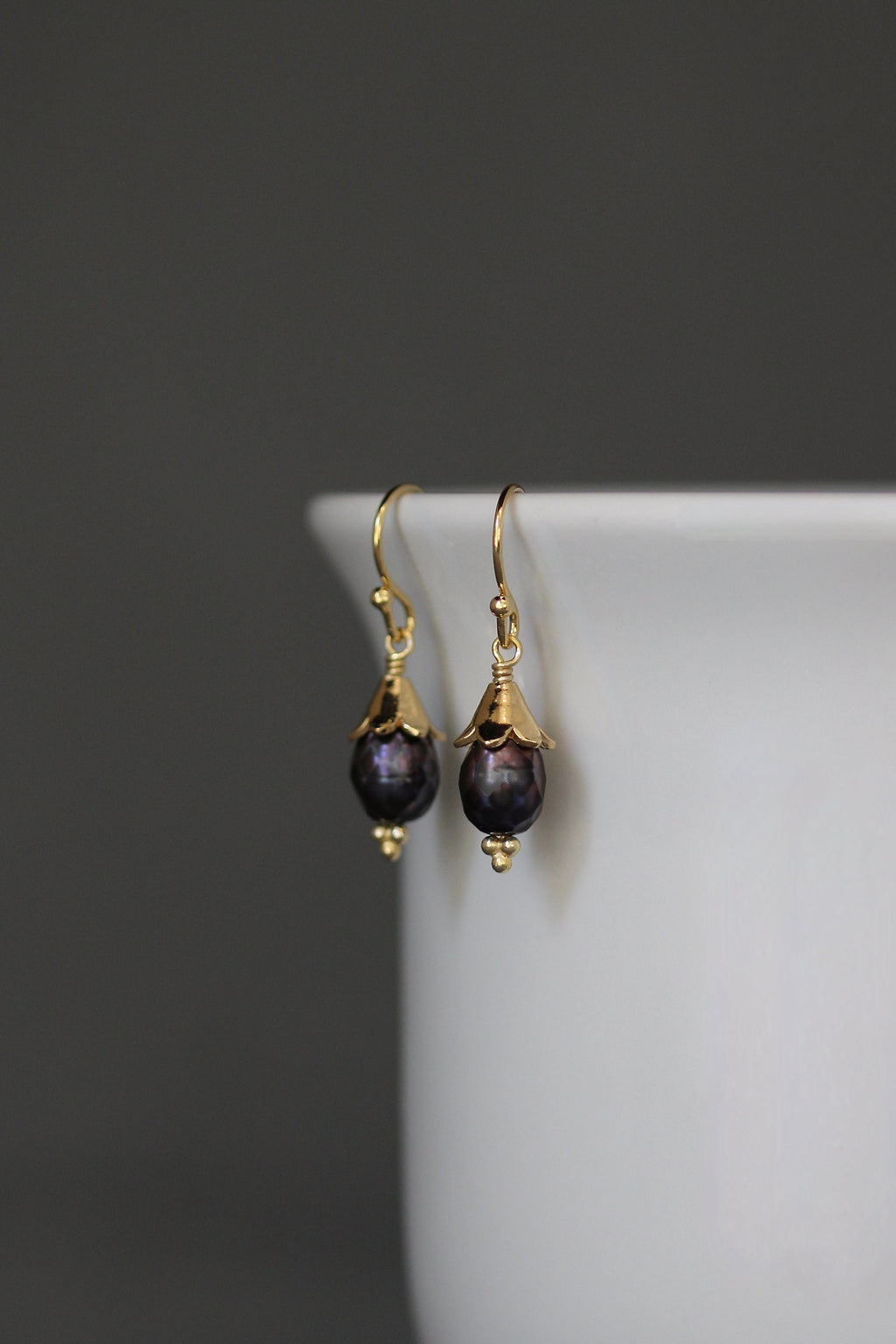 Faceted Black Freshwater Pearl Earrings with Gold Vermeil Caps