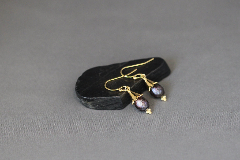 Faceted Black Freshwater Pearl Earrings with Gold Vermeil Caps