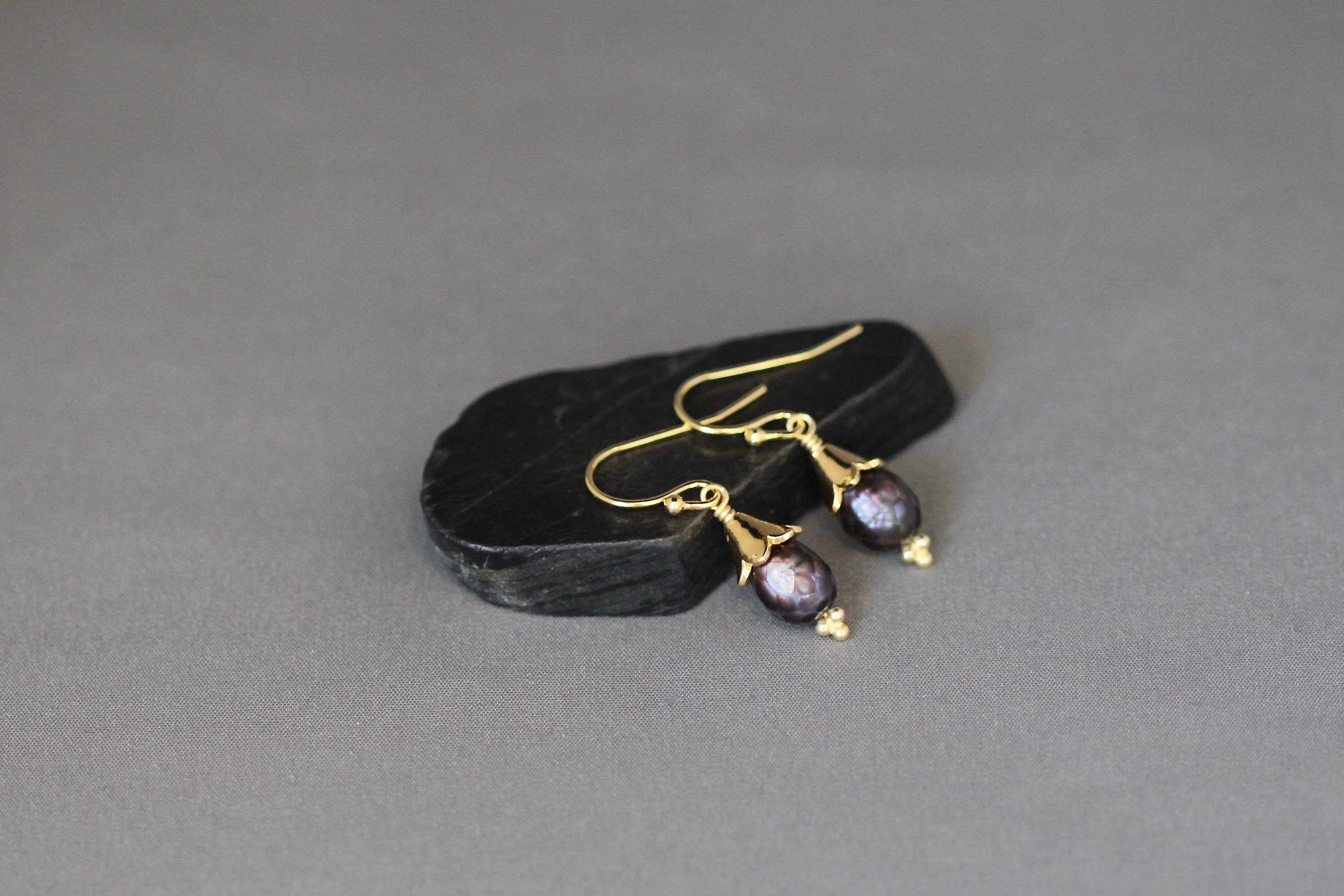Faceted Black Freshwater Pearl Earrings with Gold Vermeil Caps