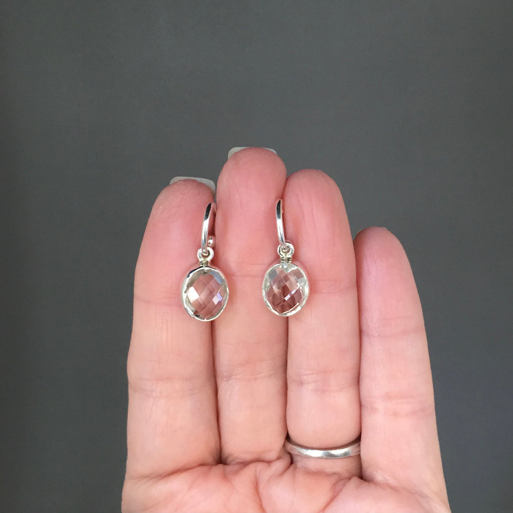 Clear Quartz Crystal Bezel Charm Earrings on Silver Post Hoops