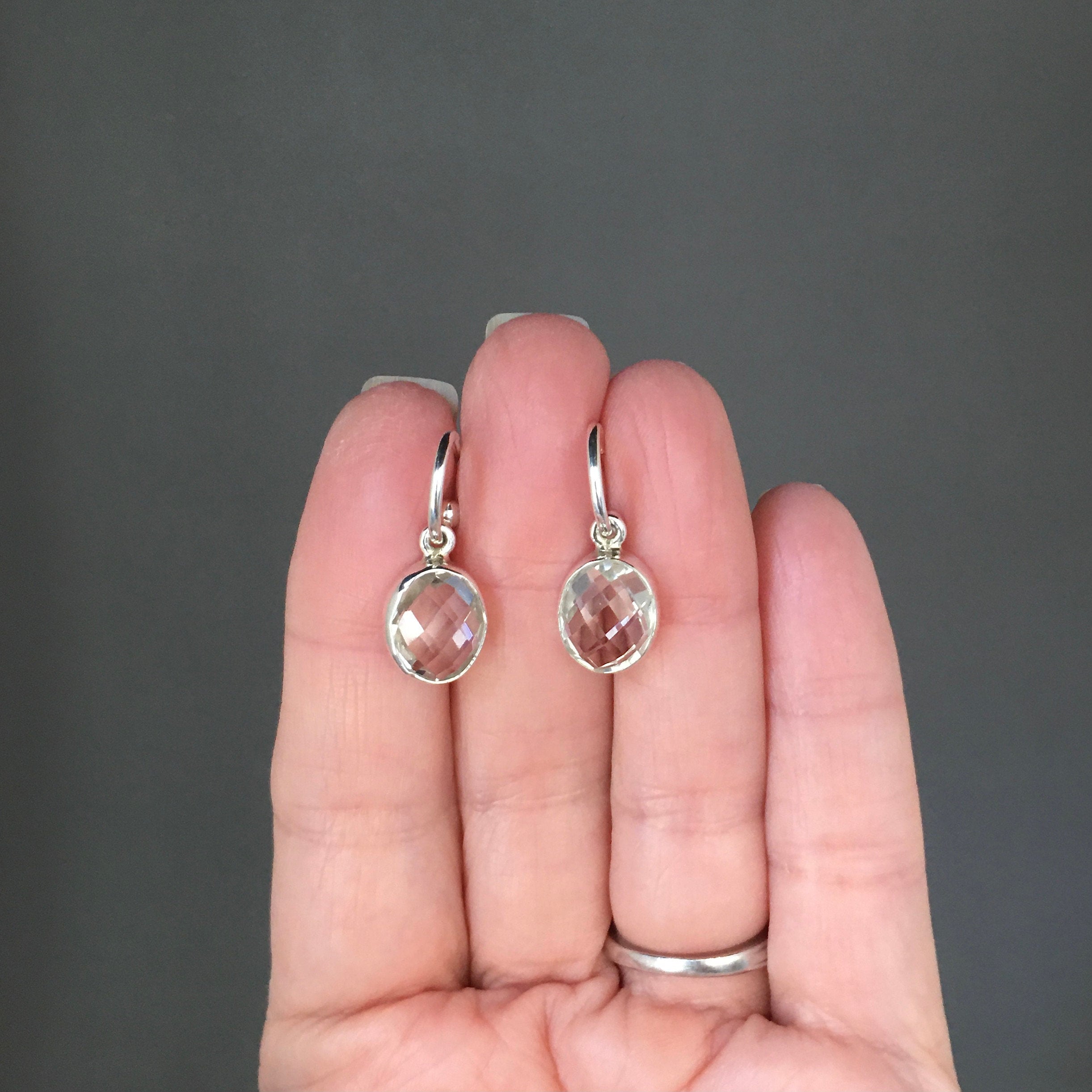 Clear Quartz Crystal Bezel Charm Earrings on Silver Post Hoops