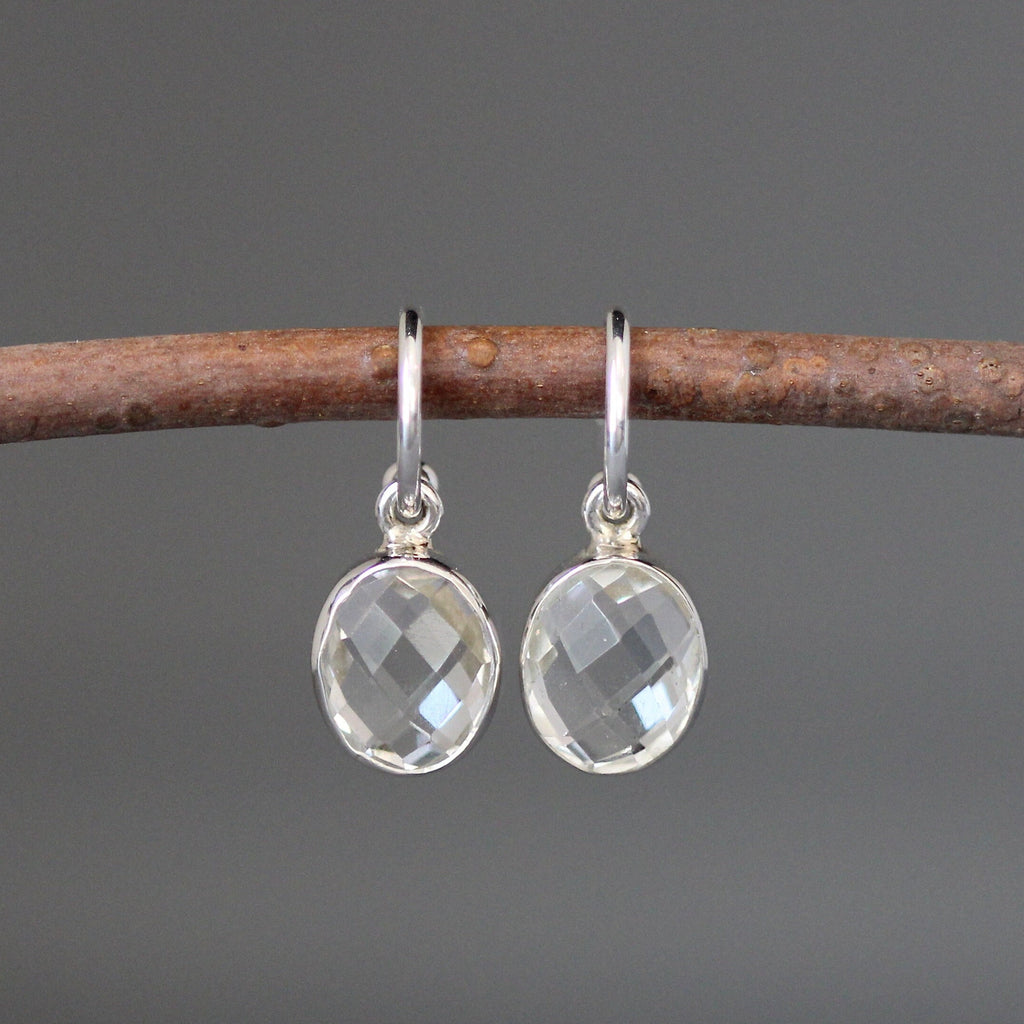 Clear Quartz Crystal Bezel Charm Earrings on Silver Post Hoops