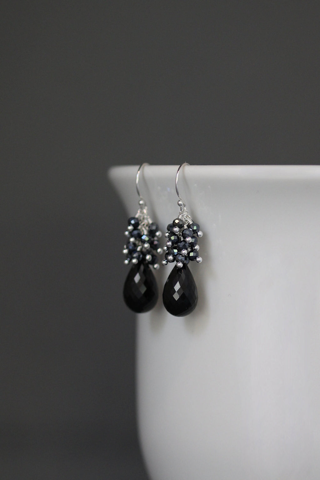 Black Tourmaline and Black Spinel Cluster Dangle Earrings in Sterling Silver