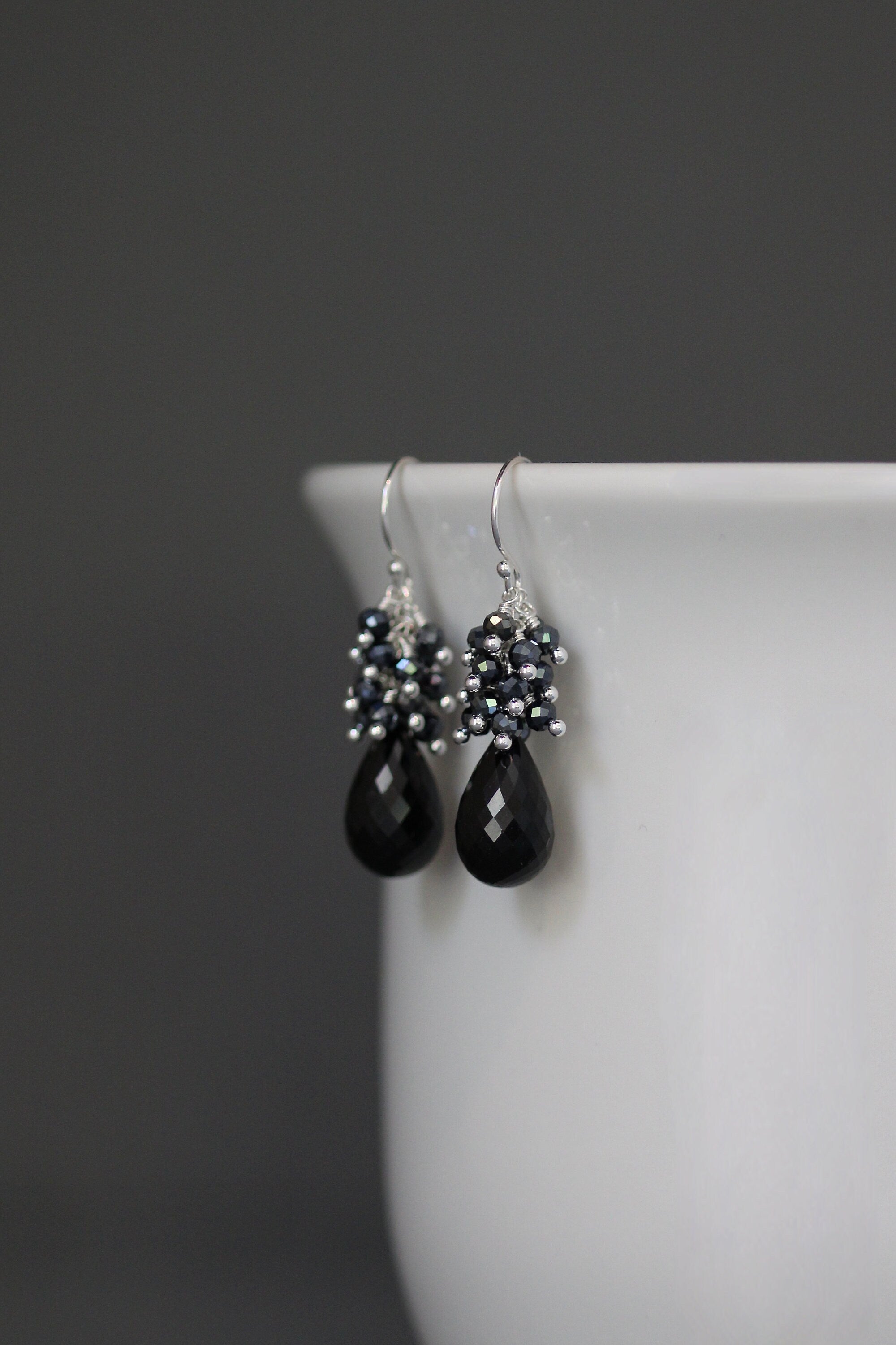 Black Tourmaline and Black Spinel Cluster Dangle Earrings in Sterling Silver