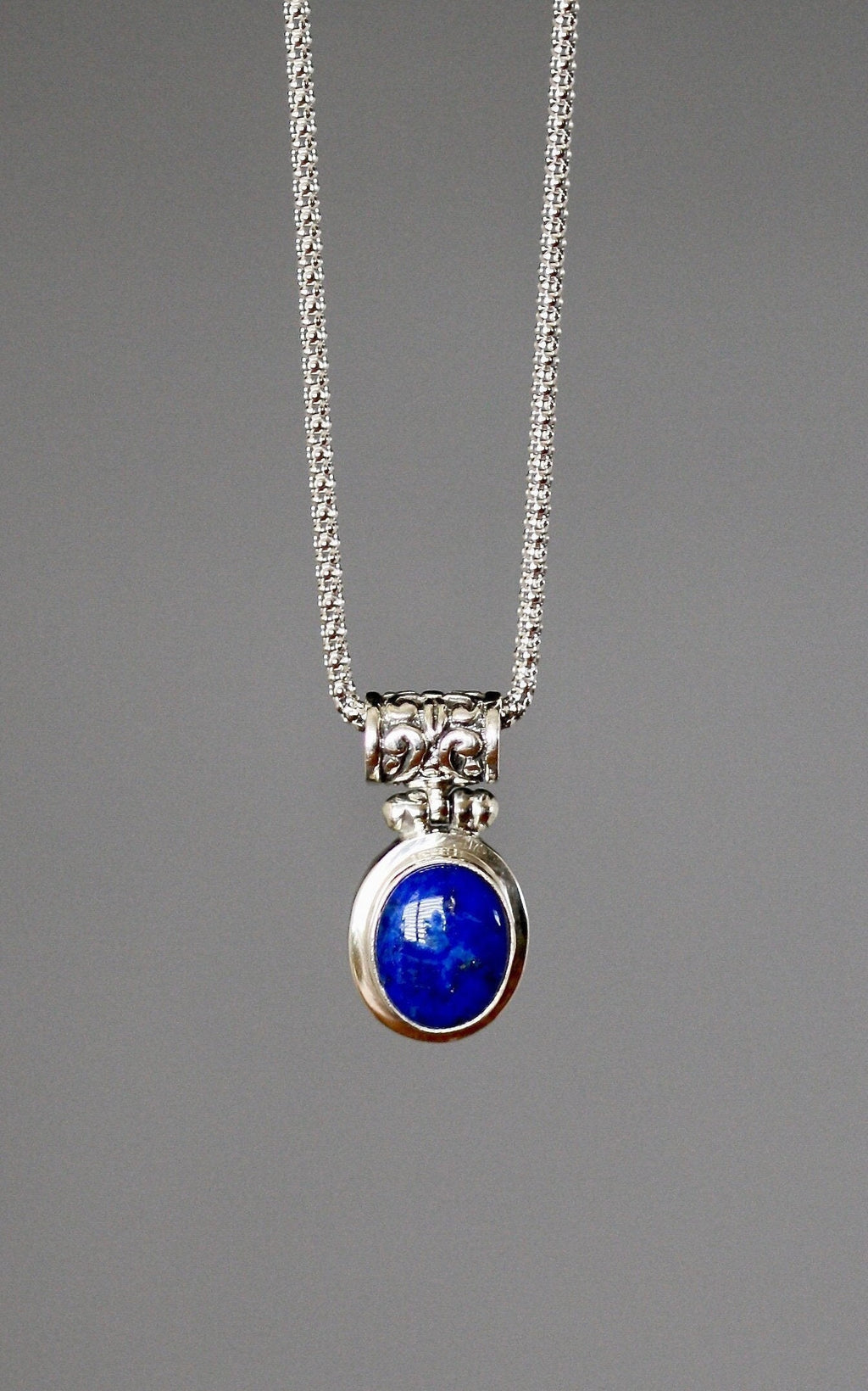 Lapis Lazuli Oval Bezel Pendant Necklace in Bali Sterling Silver
