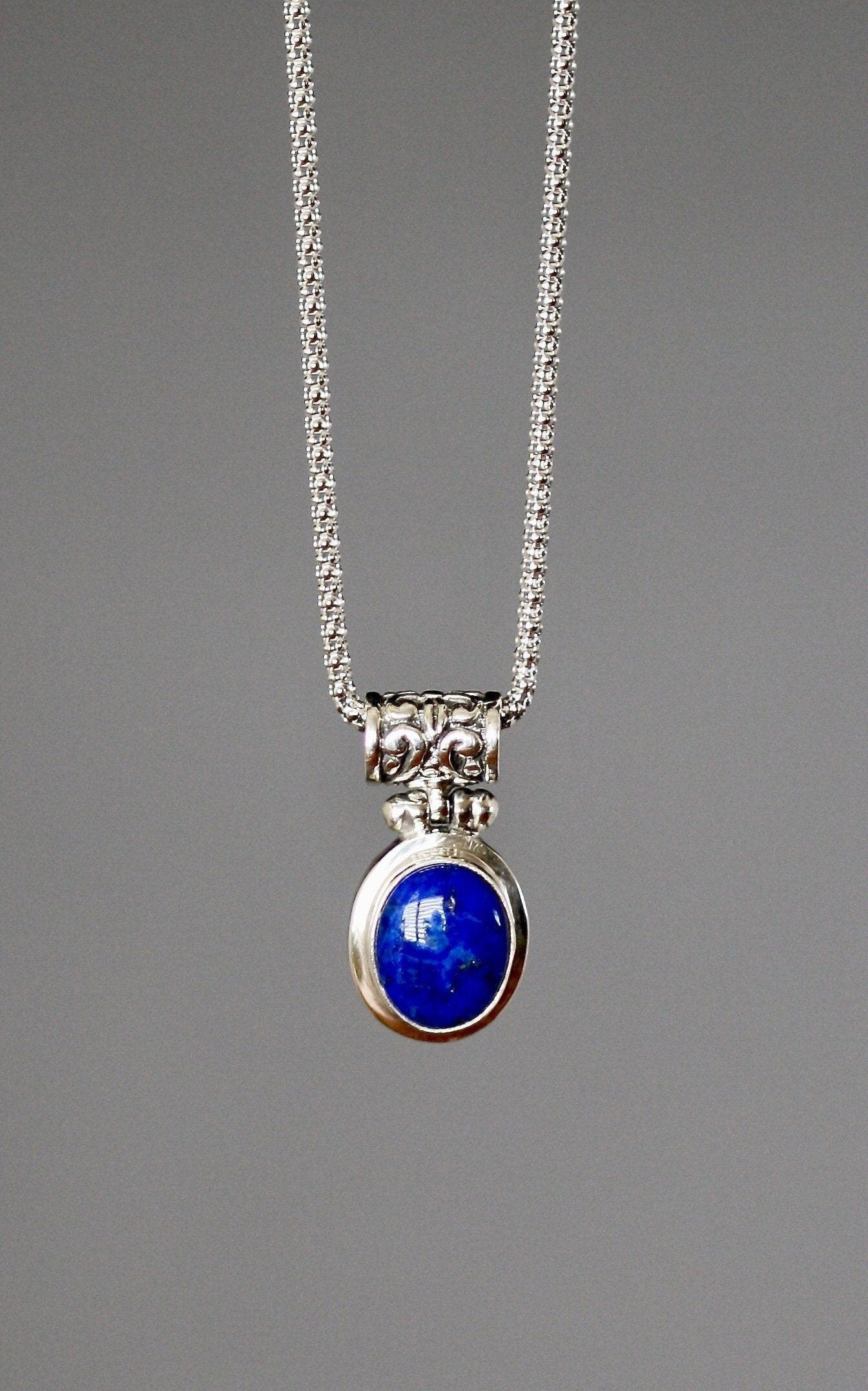 Lapis Lazuli Oval Bezel Pendant Necklace in Bali Sterling Silver