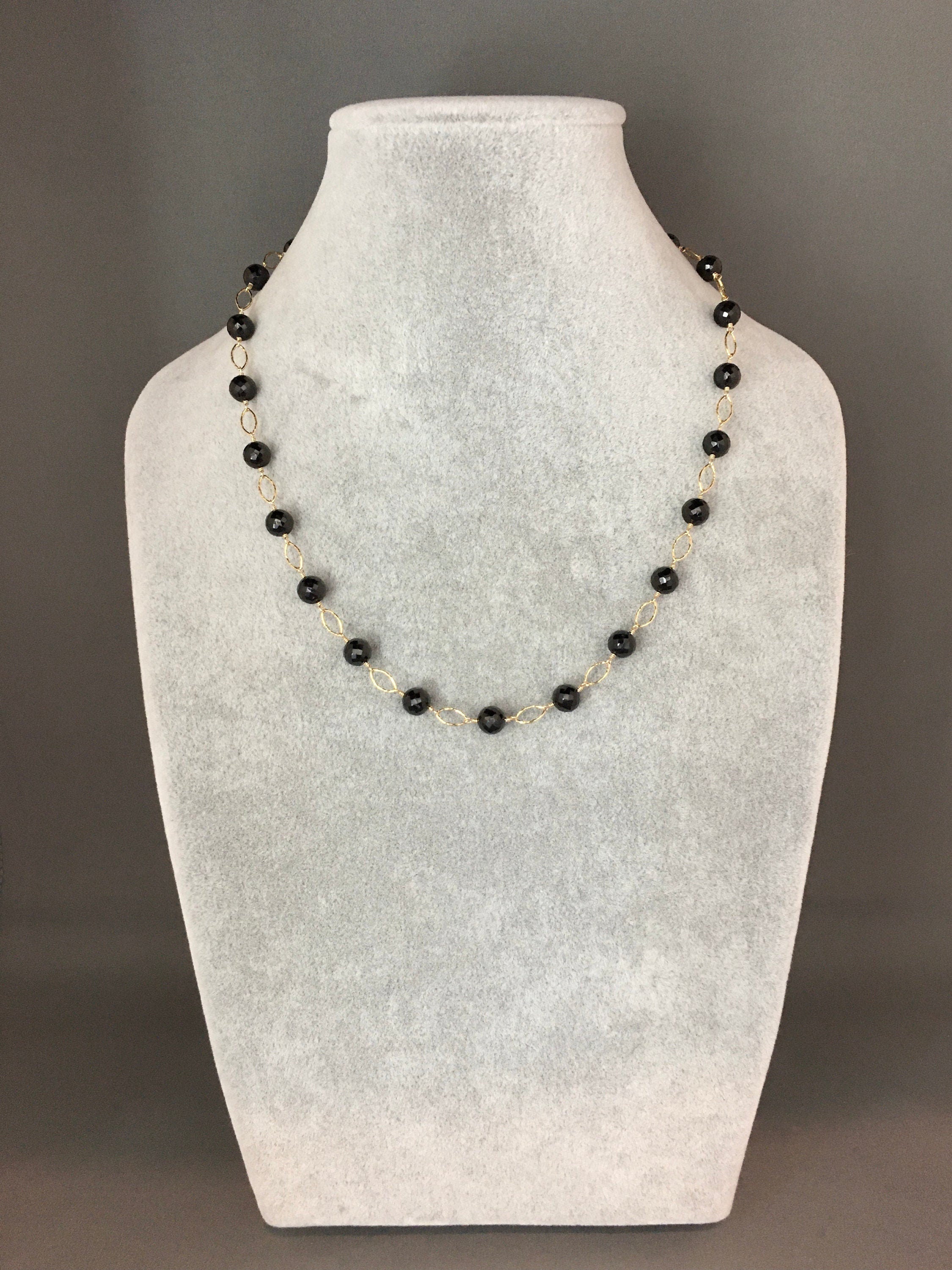 Black Spinel Station Necklace with Gold Vermeil Links and Gold Filled Chain
