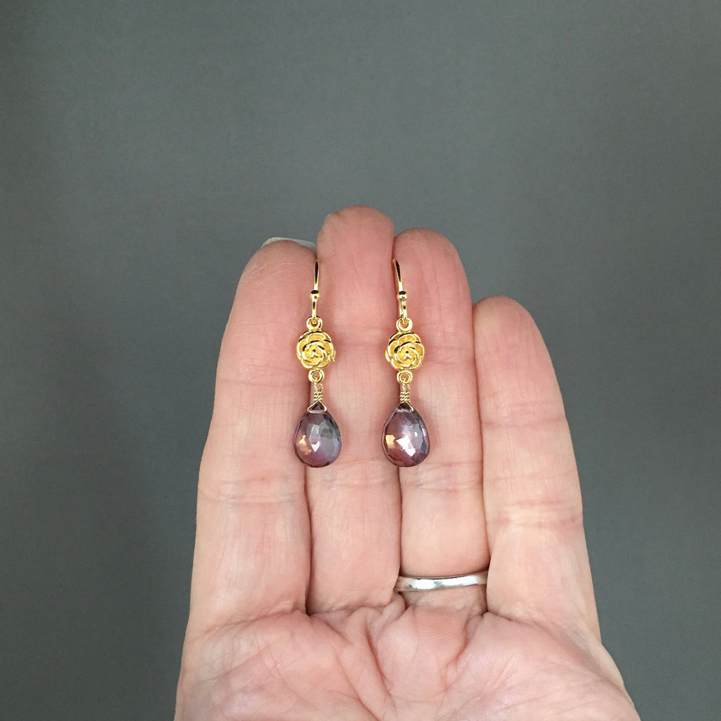 Mystic Quartz Crystal Teardrop Earrings on Gold Vermeil Flower Links