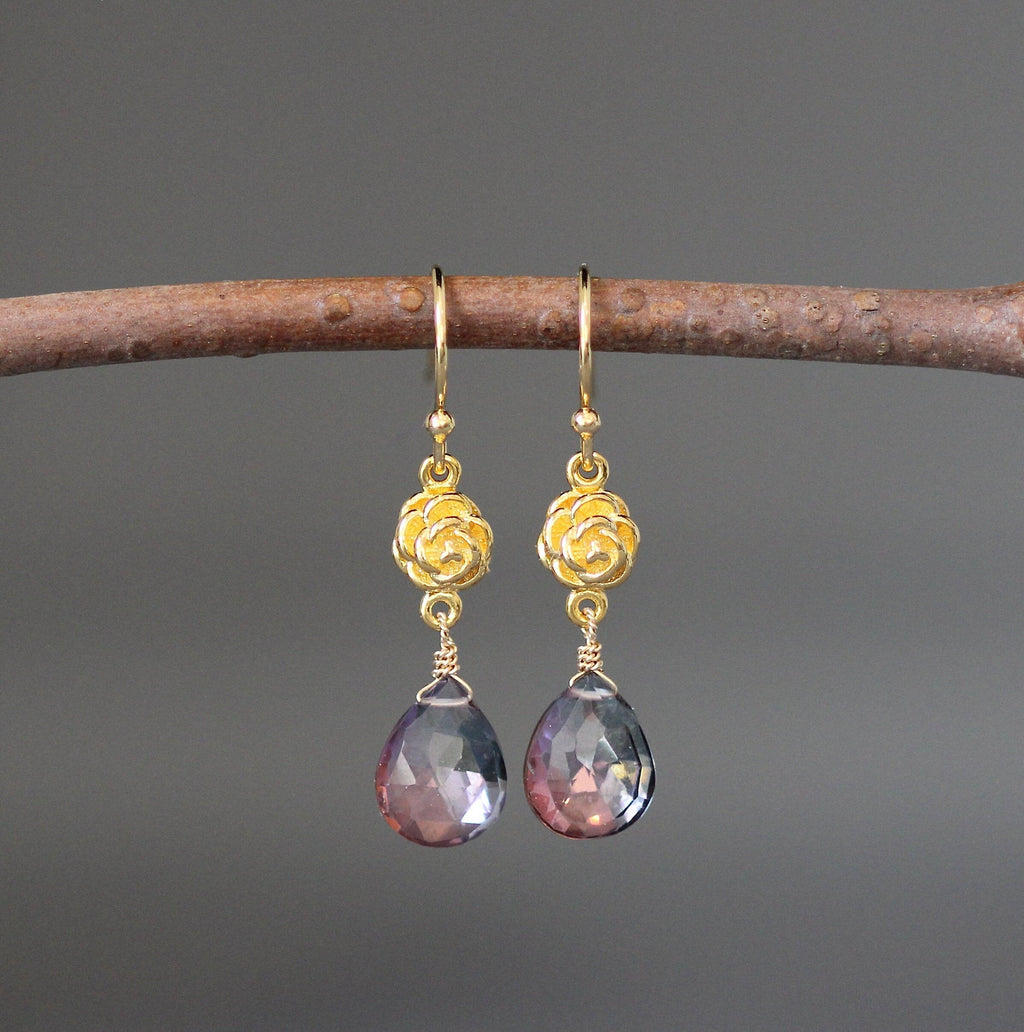 Mystic Quartz Crystal Teardrop Earrings on Gold Vermeil Flower Links