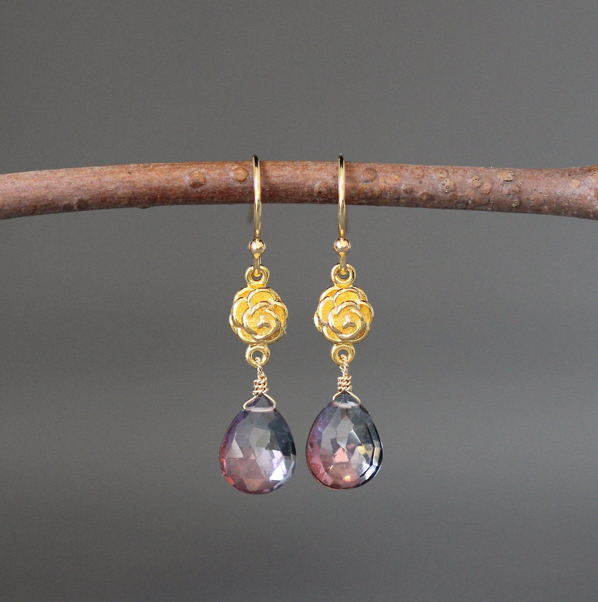 Mystic Quartz Crystal Teardrop Earrings on Gold Vermeil Flower Links