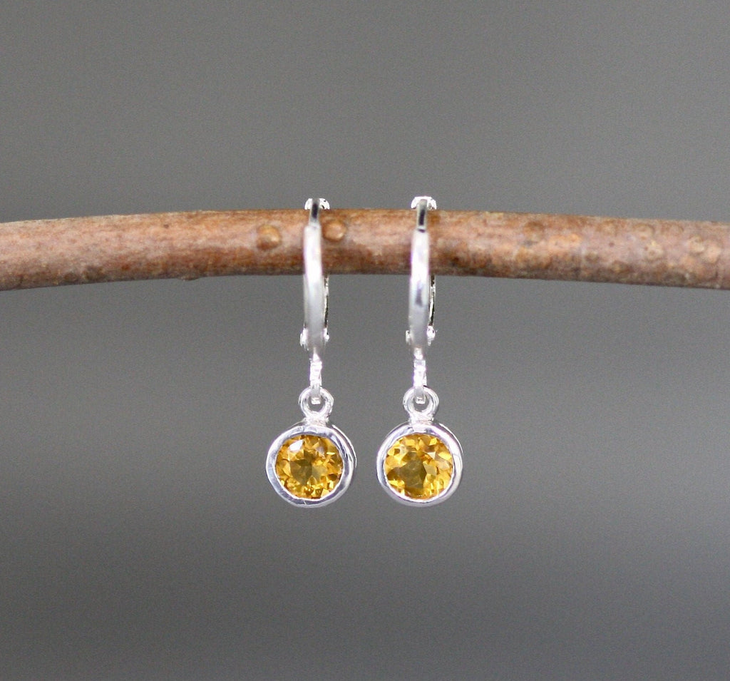 Citrine Bezel Charm Earrings on Silver Huggie Hoops