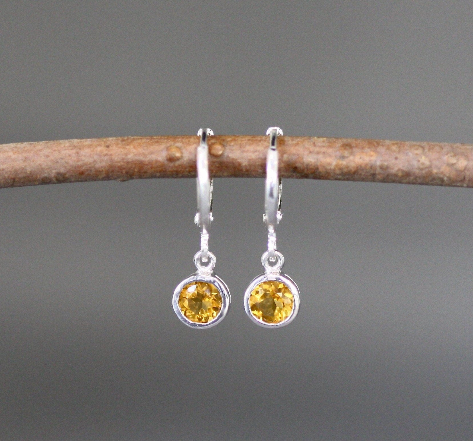 Citrine Bezel Charm Earrings on Silver Huggie Hoops
