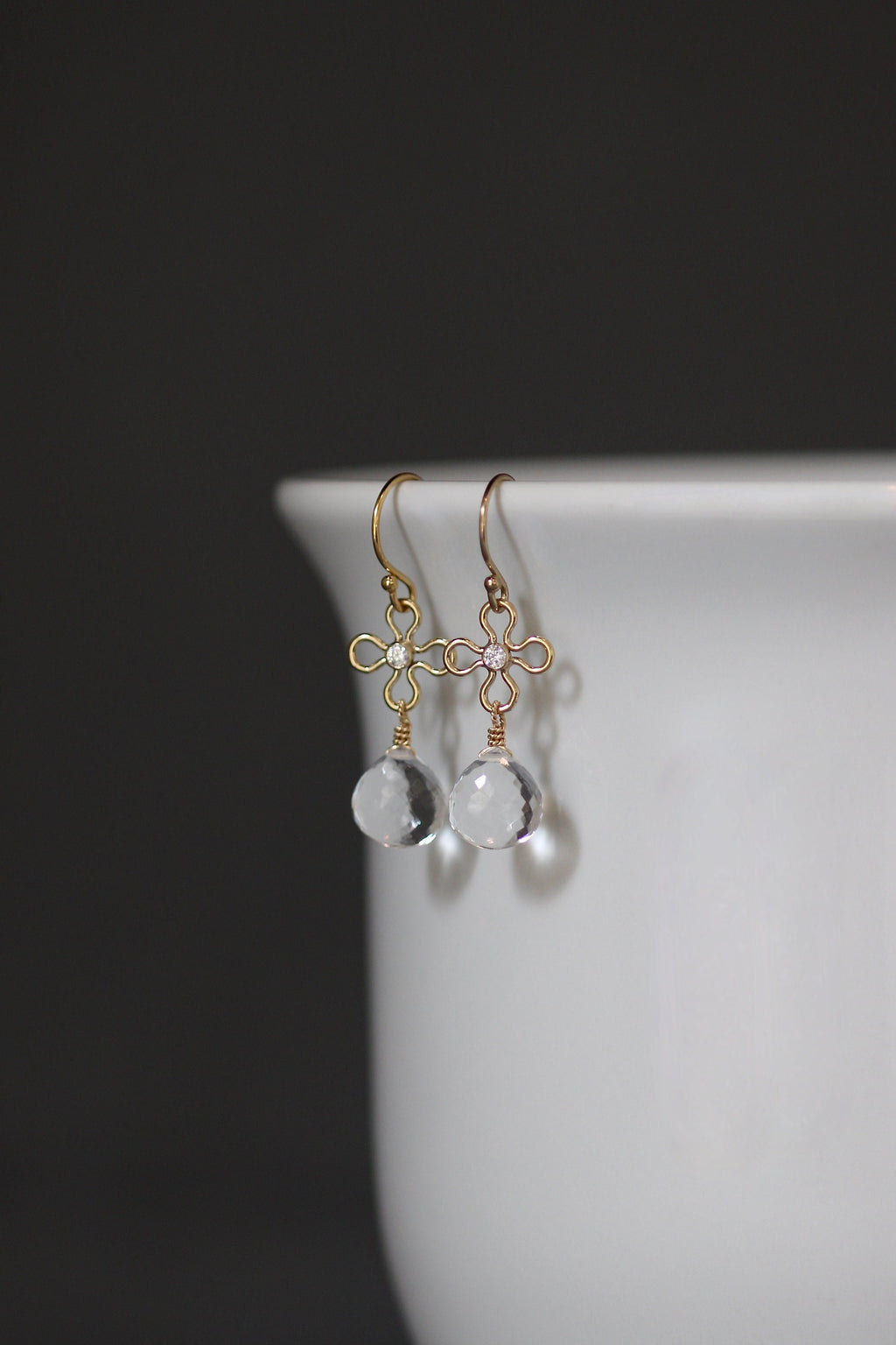Clear Quartz Crystal Teardrop Earrings on Gold Filled Flower Links