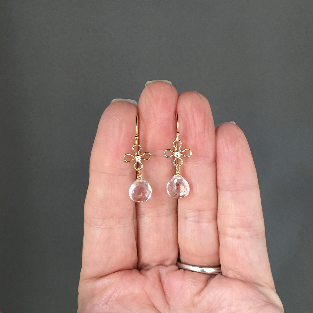 Clear Quartz Crystal Teardrop Earrings on Gold Filled Flower Links