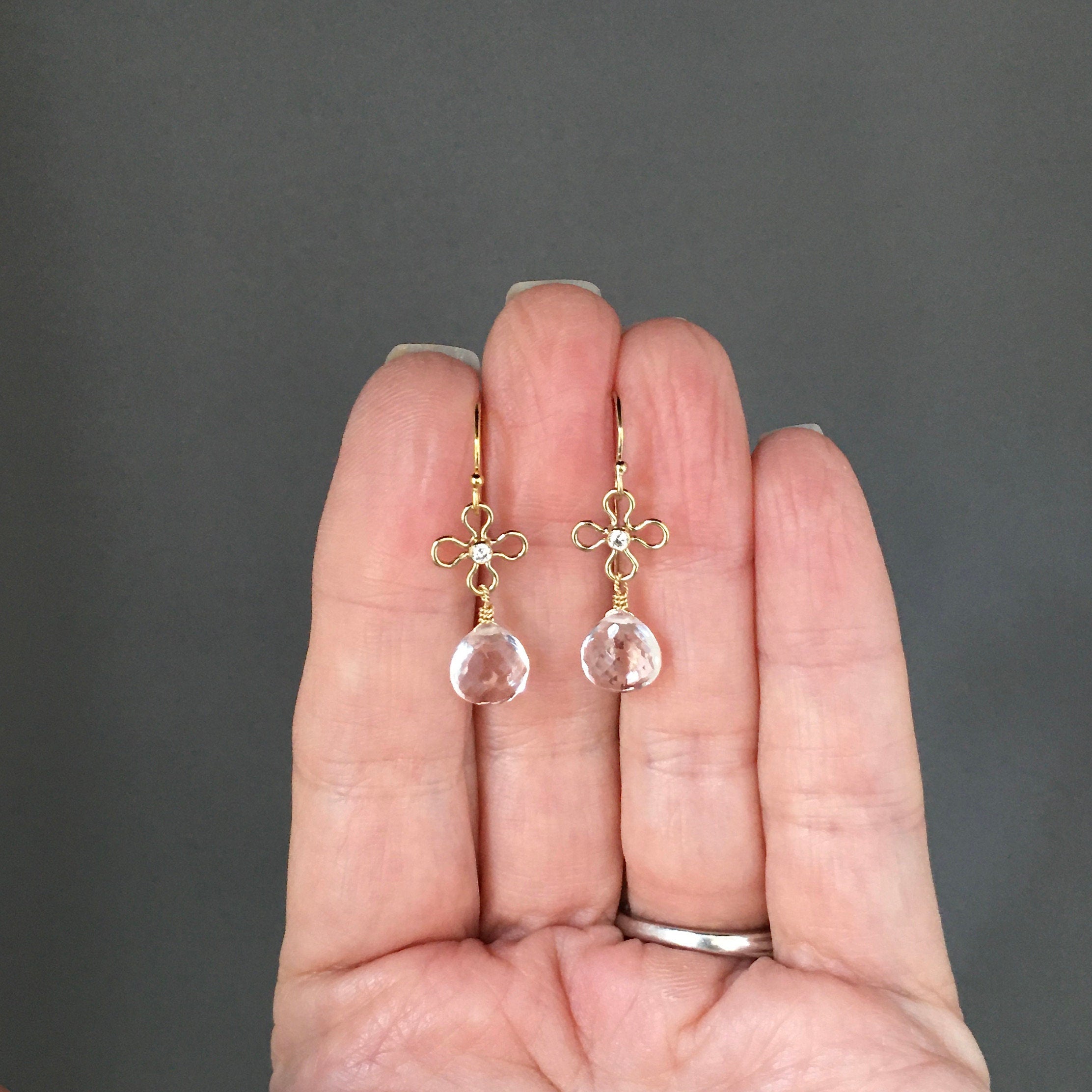 Clear Quartz Crystal Teardrop Earrings on Gold Filled Flower Links