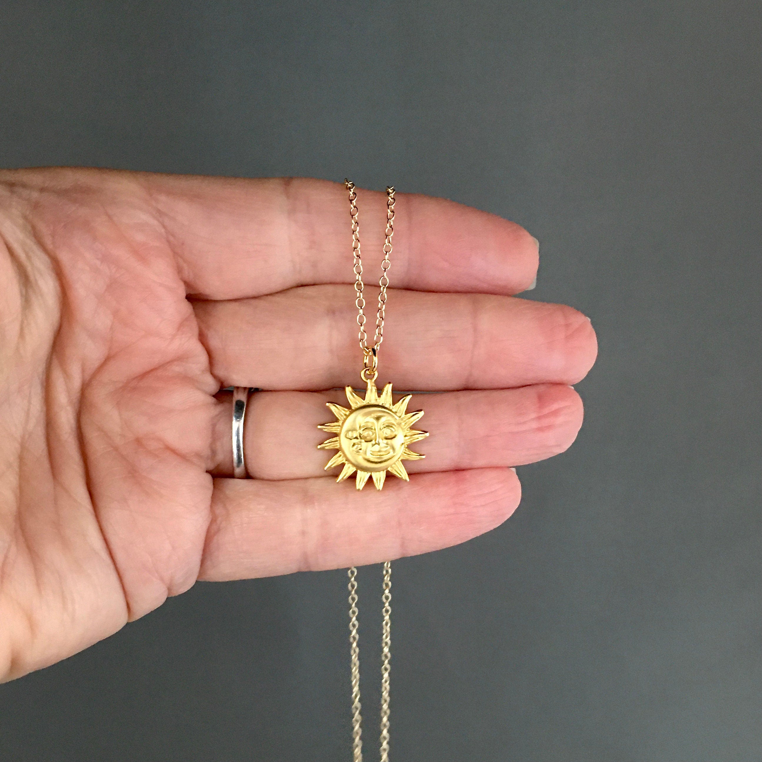 Matte Gold Vermeil Sun and Moon Charm Pendant Necklace