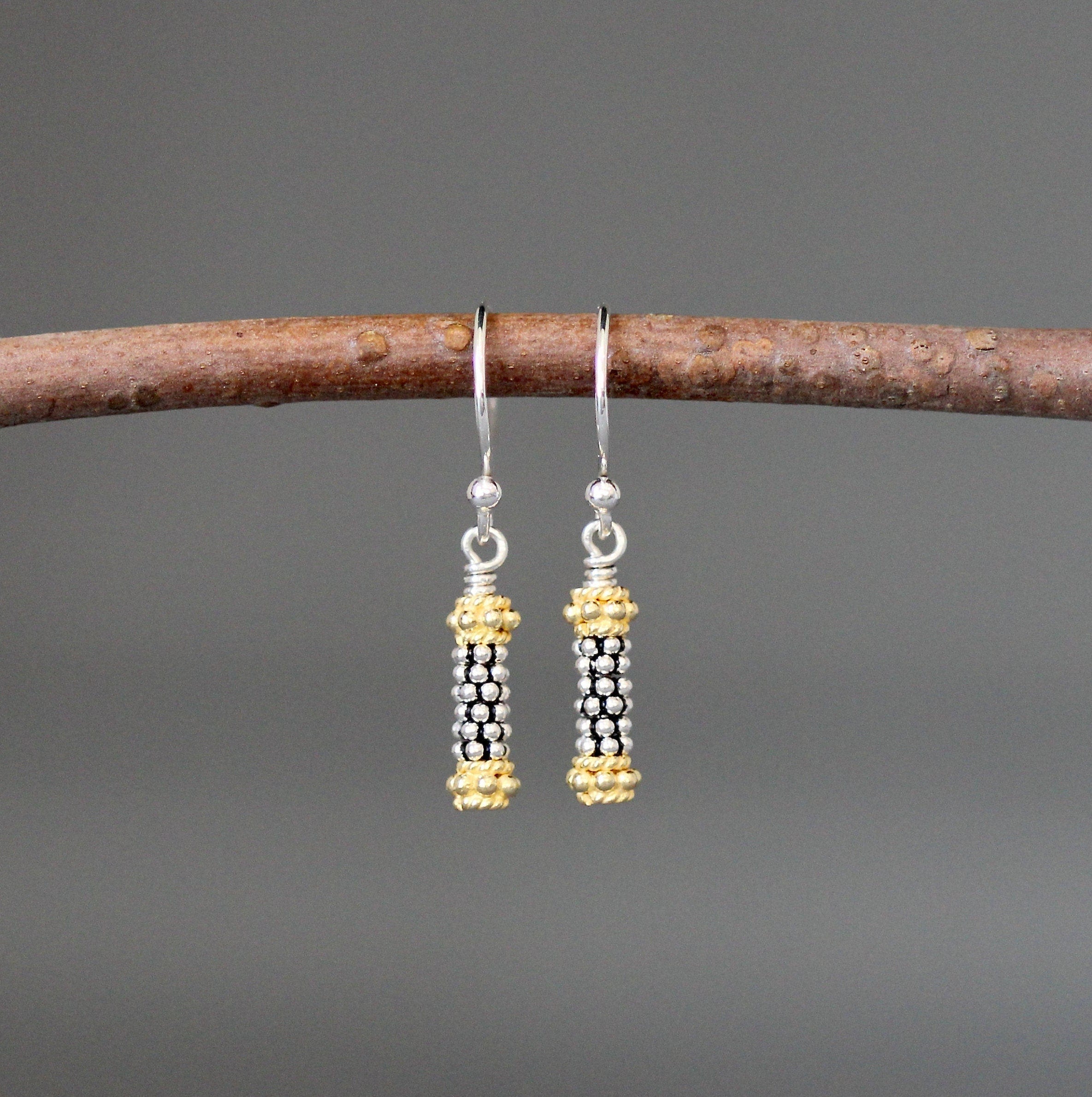 Mixed Metal Bali Sterling Silver and Gold Vermeil Bead Dangle Earrings