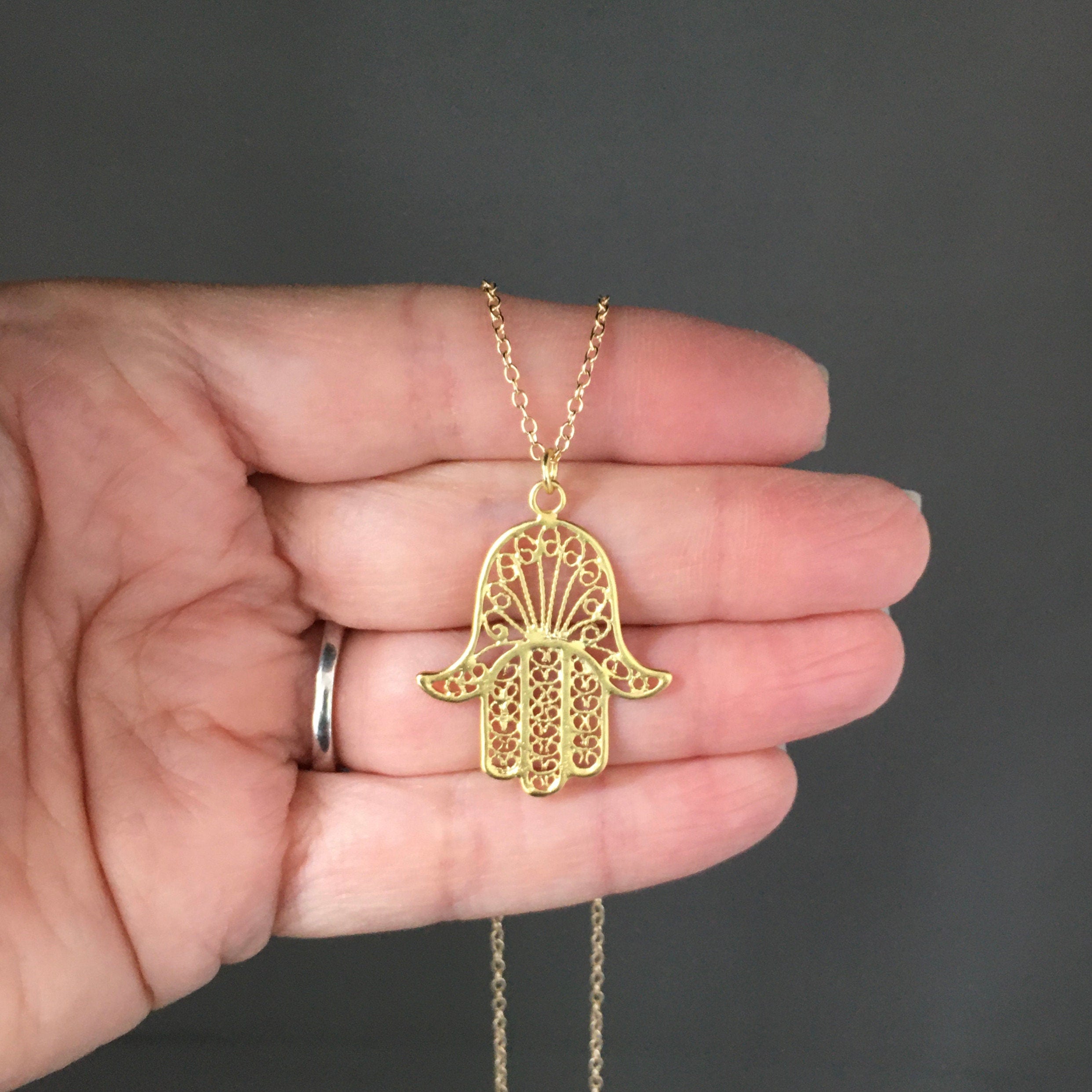 Large Gold Vermeil Hamsa Filigree Pendant Necklace on Gold Filled Chain
