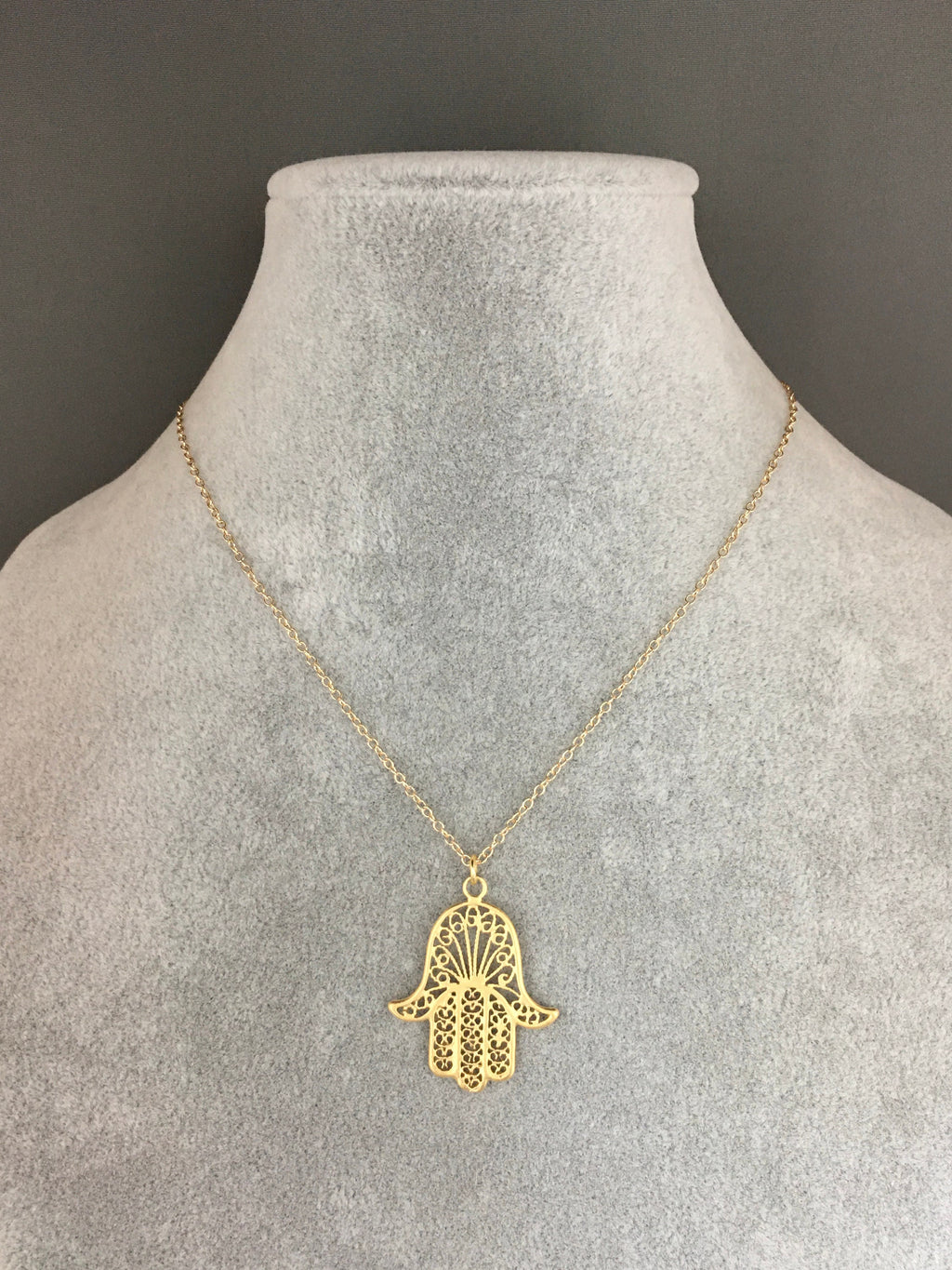 Large Gold Vermeil Hamsa Filigree Pendant Necklace on Gold Filled Chain