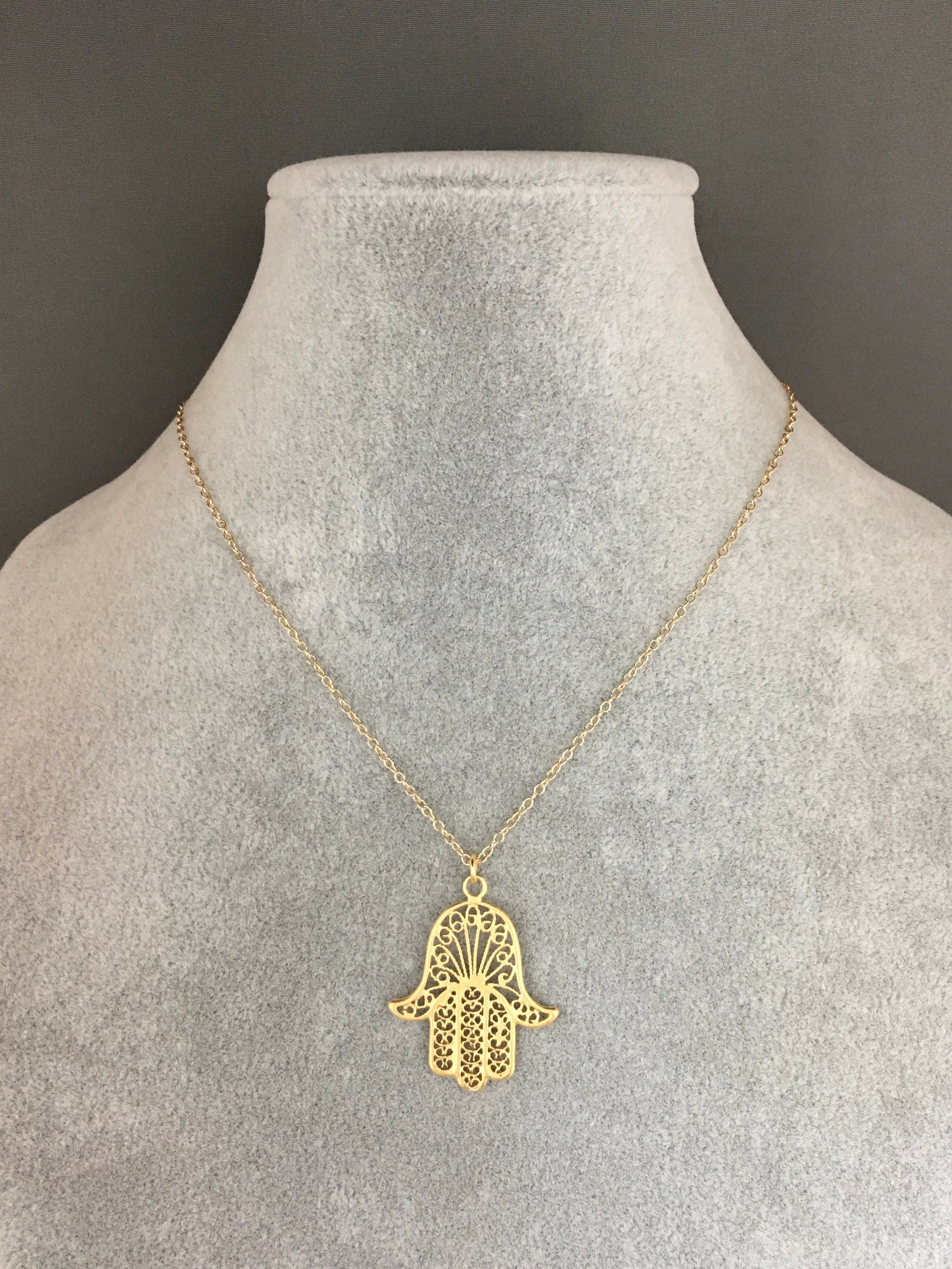 Large Gold Vermeil Hamsa Filigree Pendant Necklace on Gold Filled Chain
