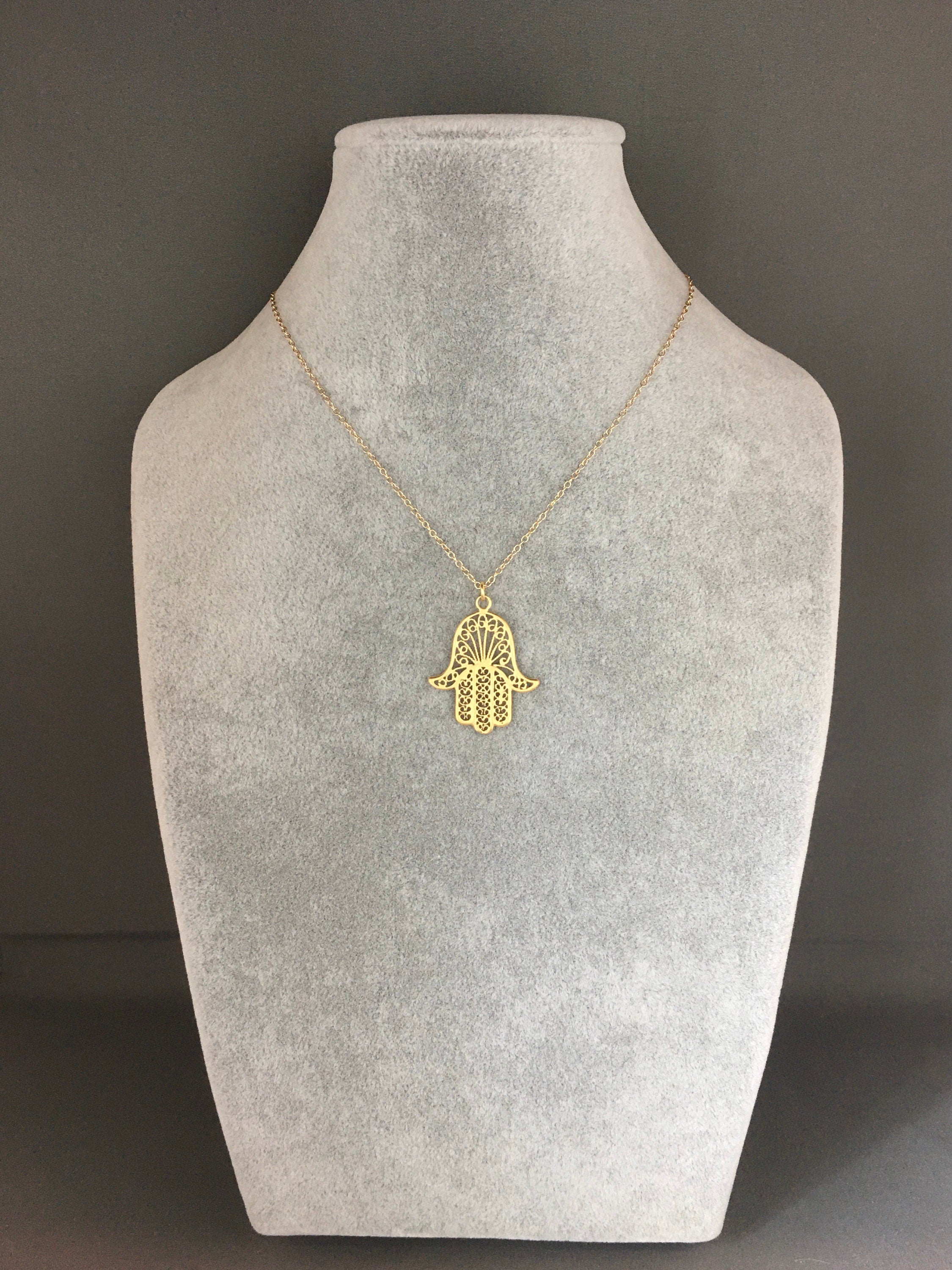 Large Gold Vermeil Hamsa Filigree Pendant Necklace on Gold Filled Chain