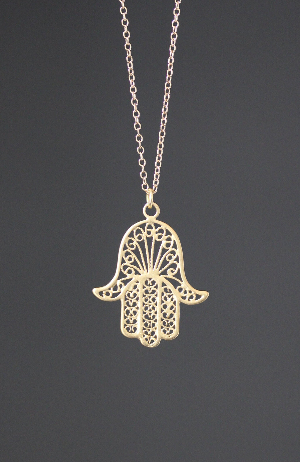 Large Gold Vermeil Hamsa Filigree Pendant Necklace on Gold Filled Chain