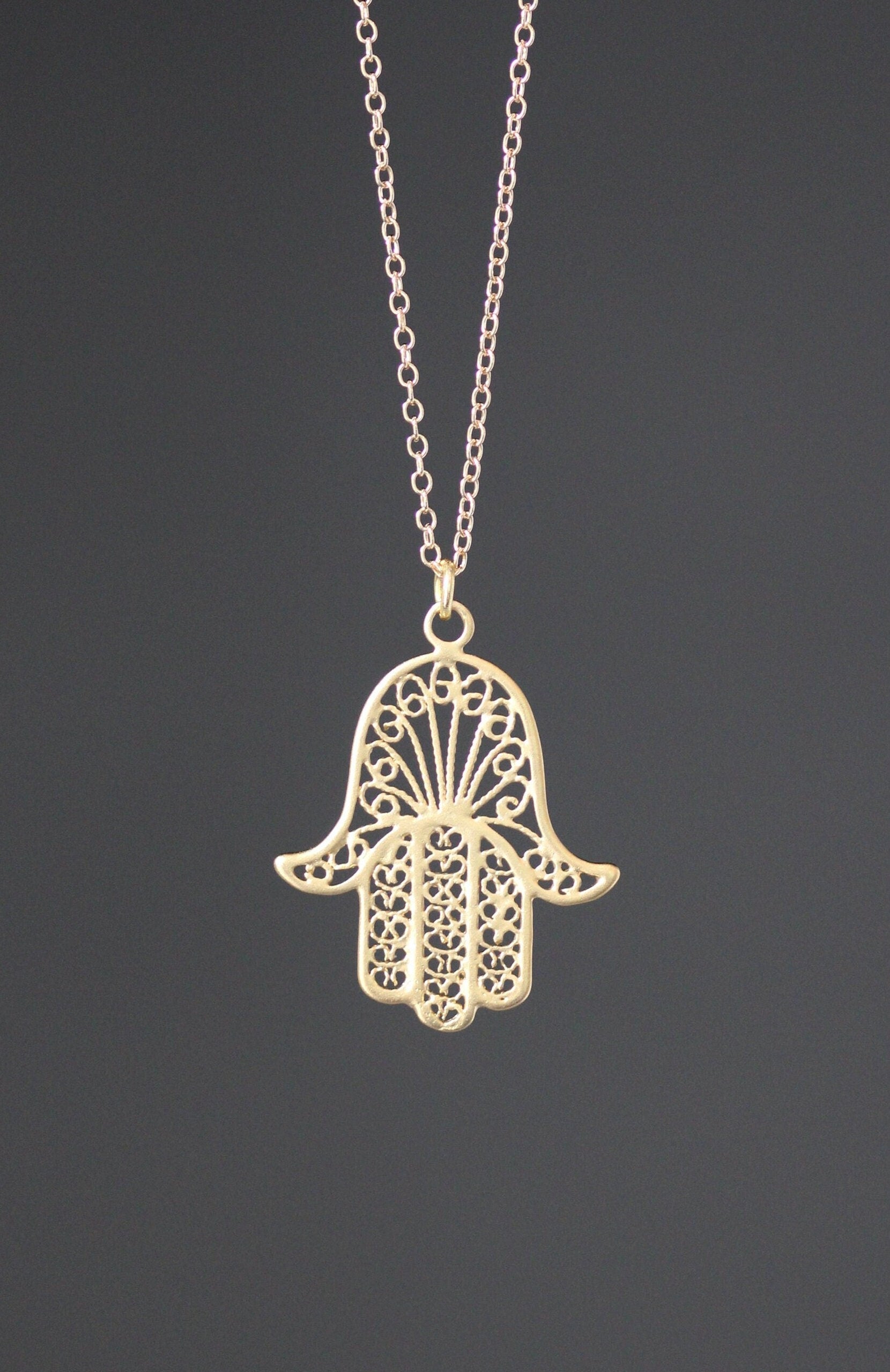 Large Gold Vermeil Hamsa Filigree Pendant Necklace on Gold Filled Chain